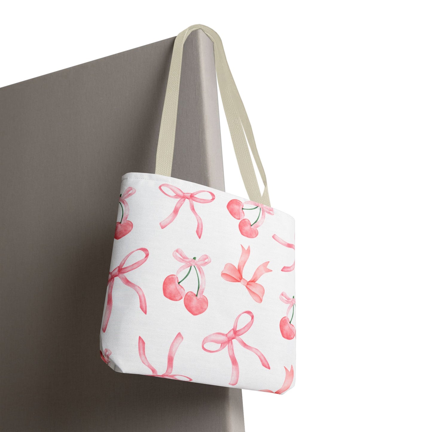 Pink Cherry Bow Tote Bag — Cute Watercolor Cherry Pattern