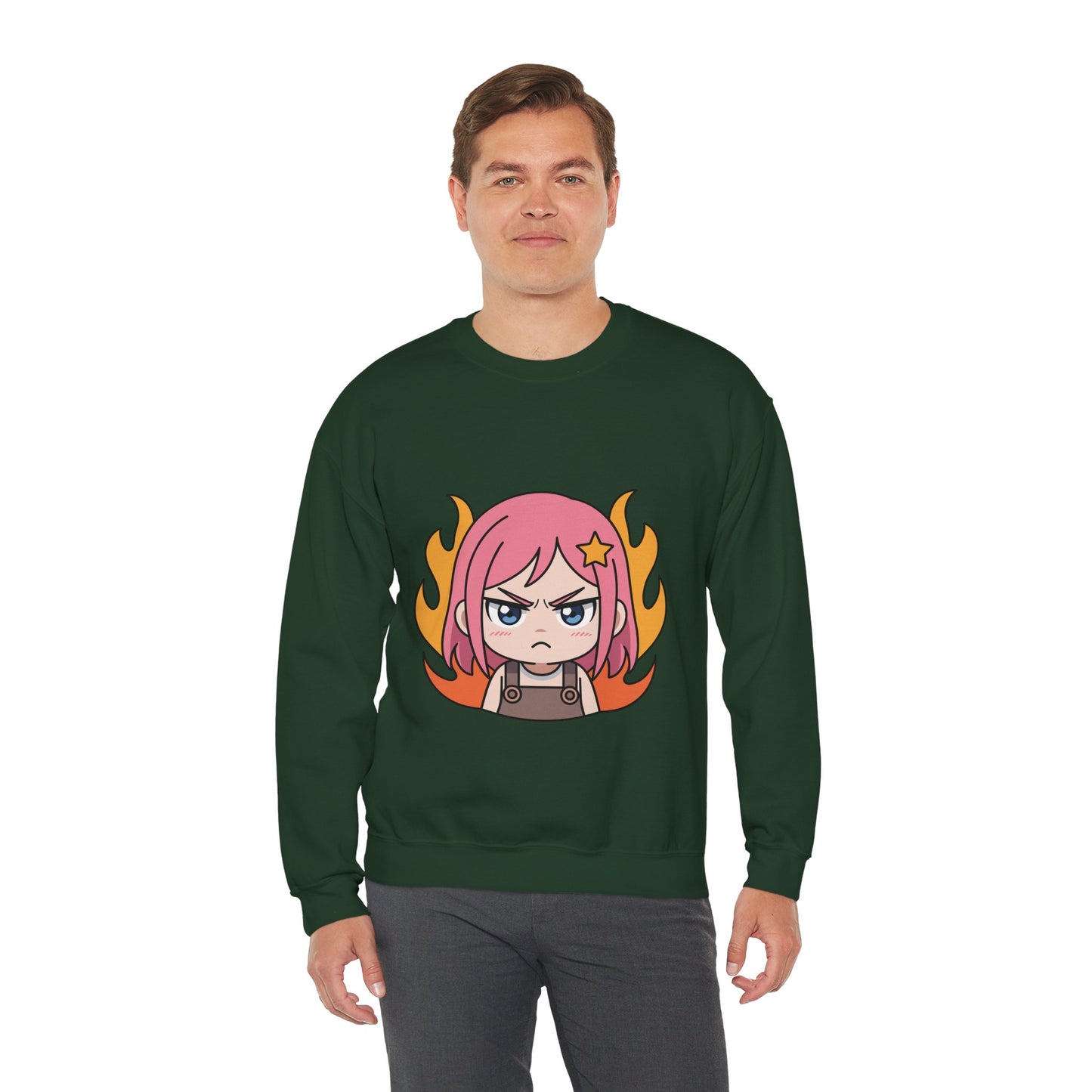 Sudadera de chica chibi enojada: adorable sudadera de cuello redondo con dibujos animados de anime y cabello flameante.
