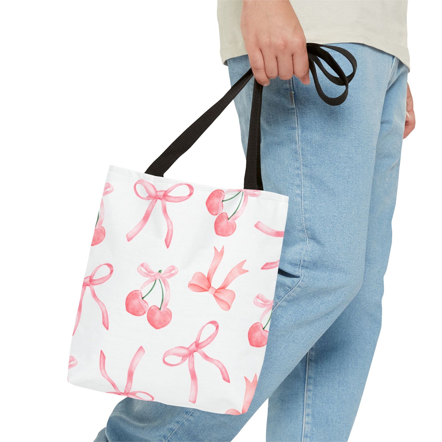 Pink Cherry Bow Tote Bag — Cute Watercolor Cherry Pattern