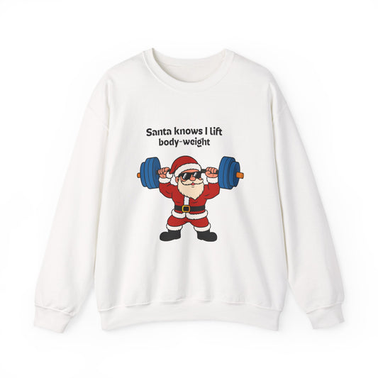 Sudadera de Papá Noel levantando peso corporal — Divertida sudadera navideña de cuello redondo con pesas