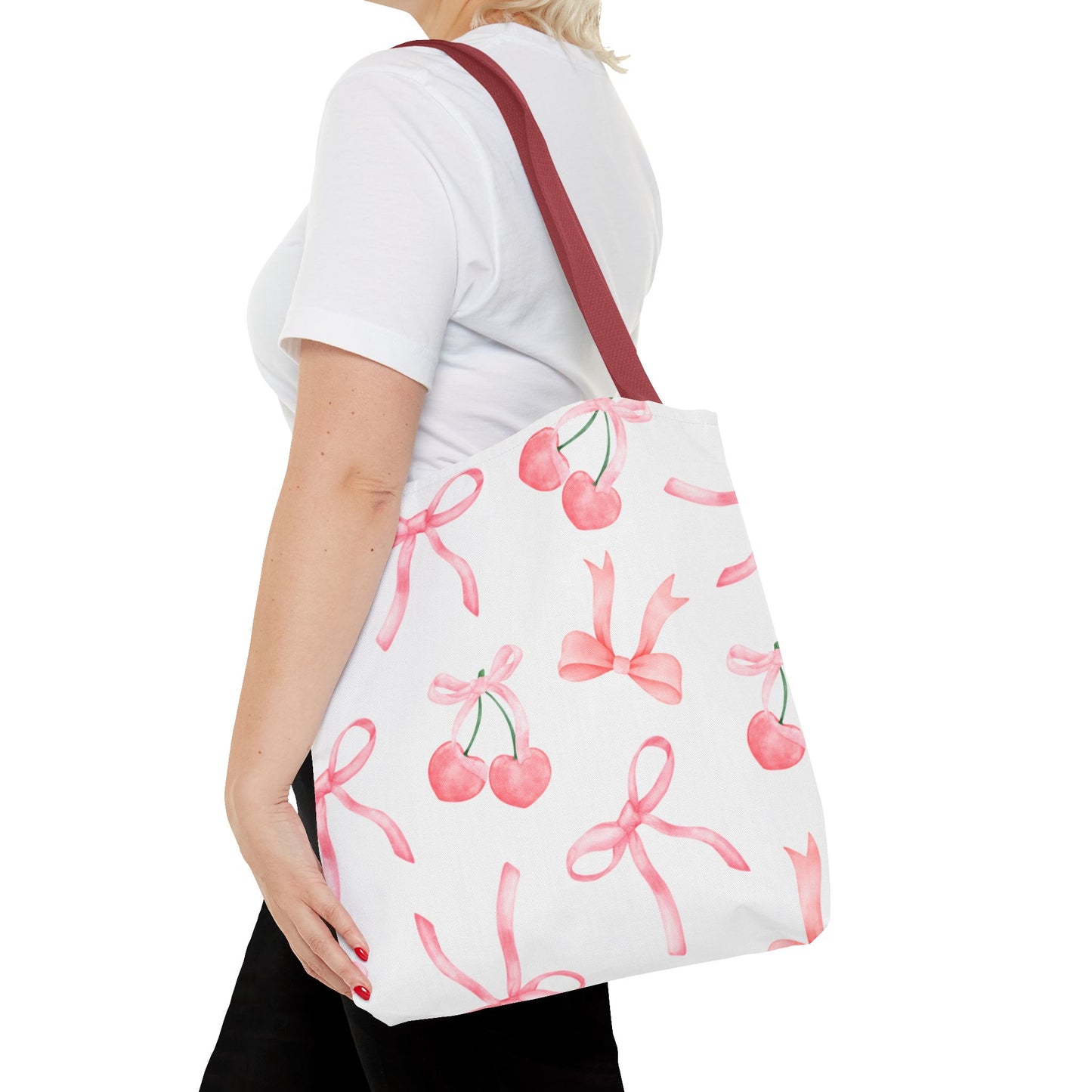 Pink Cherry Bow Tote Bag — Cute Watercolor Cherry Pattern