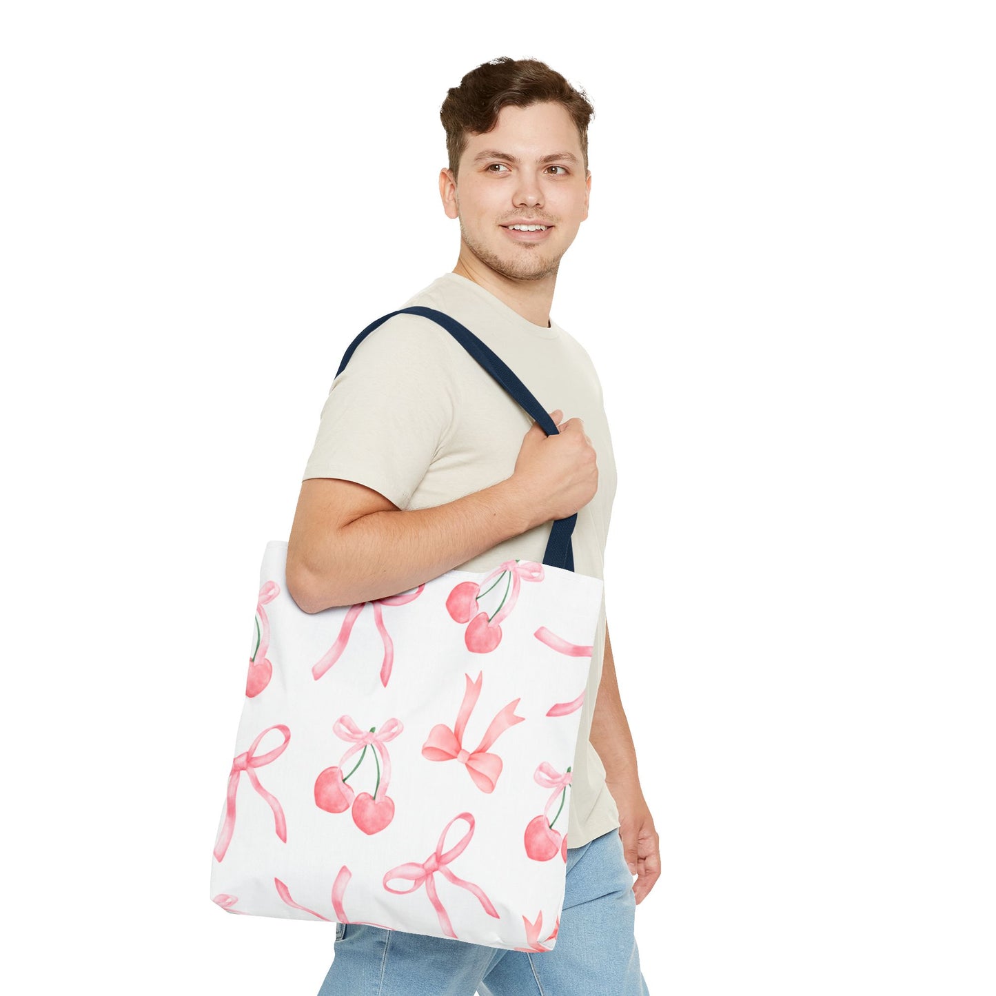 Pink Cherry Bow Tote Bag — Cute Watercolor Cherry Pattern