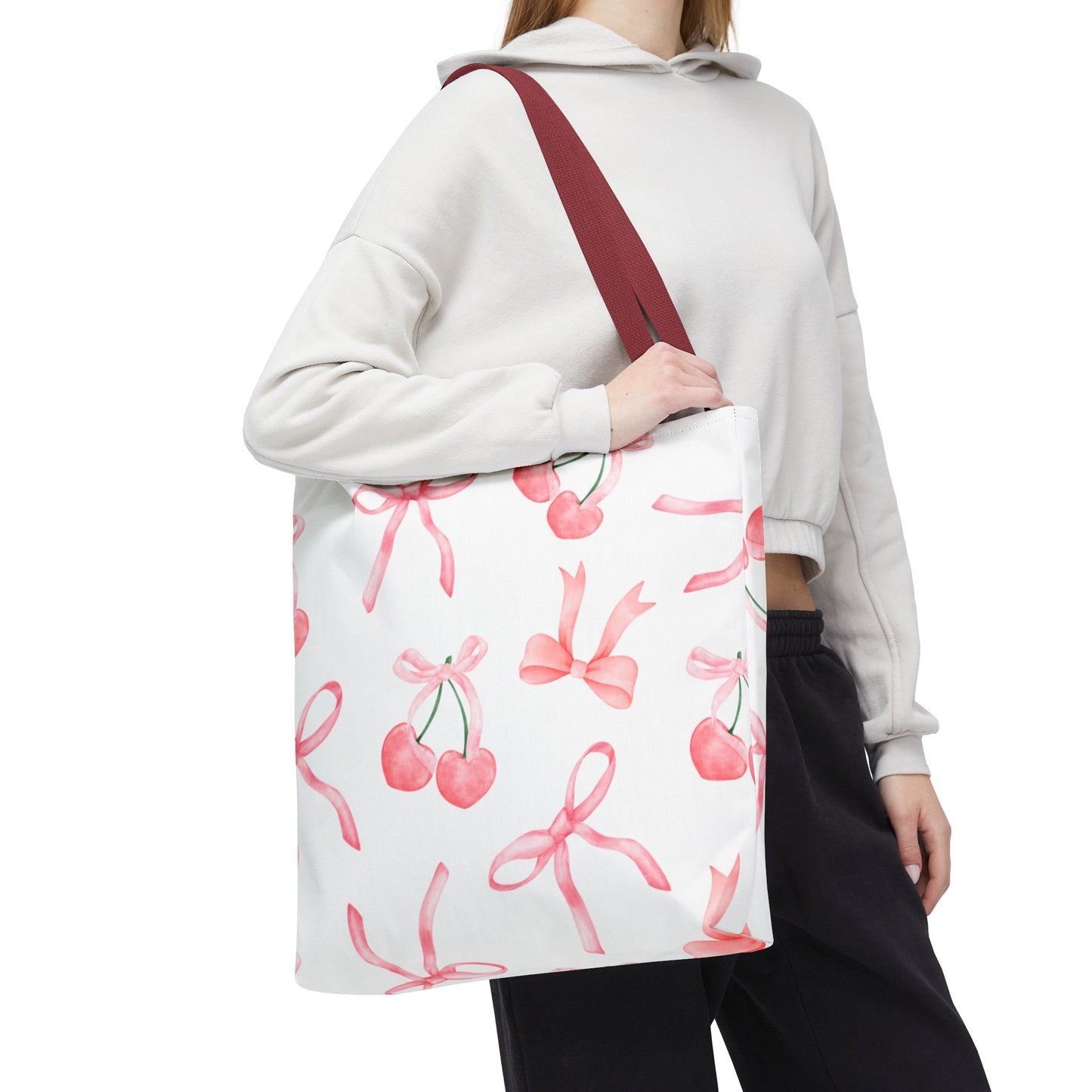 Pink Cherry Bow Tote Bag — Cute Watercolor Cherry Pattern