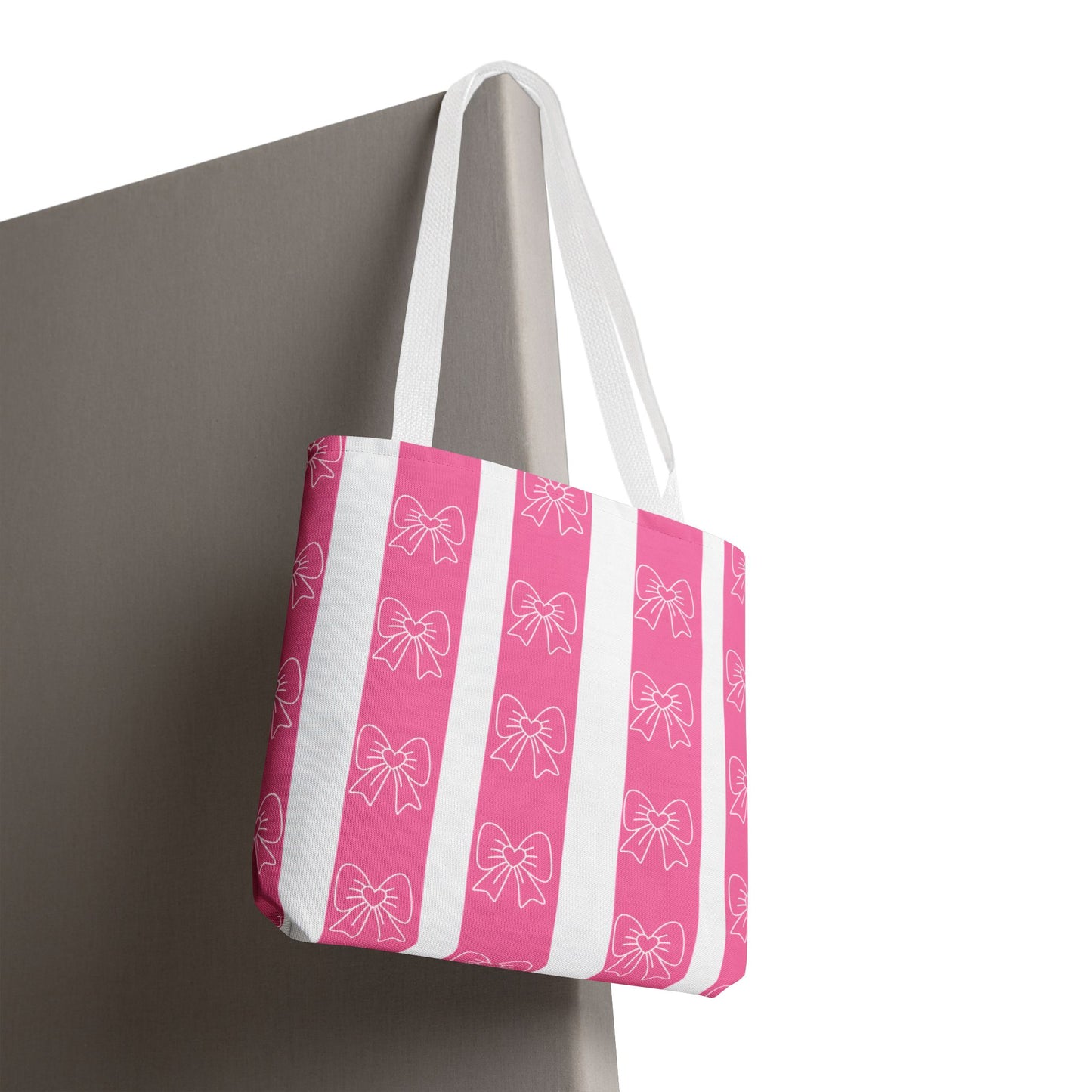 Pink Striped Bow Tote Bag — Cute Floral Bow Pattern All-Over Print Tote