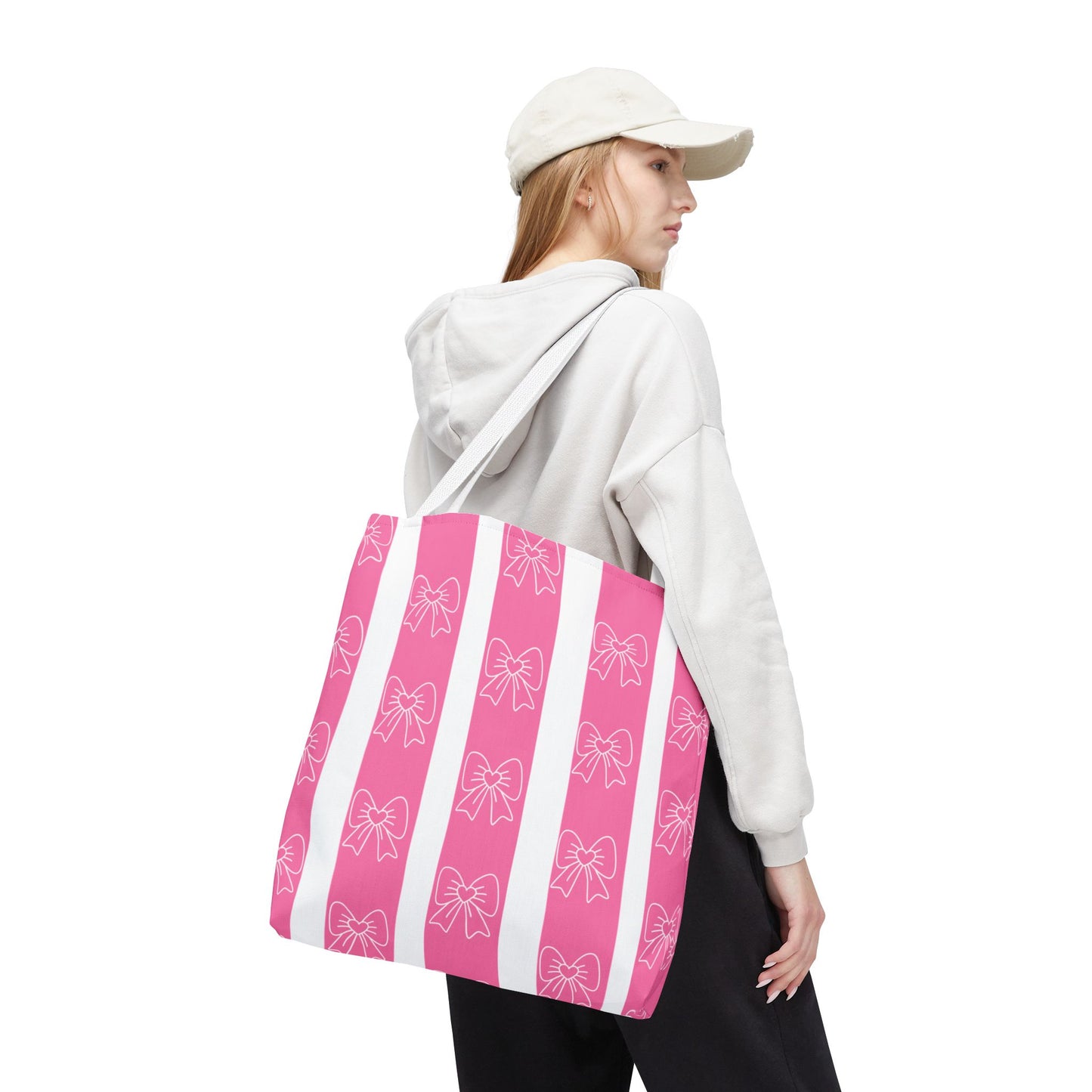 Pink Striped Bow Tote Bag — Cute Floral Bow Pattern All-Over Print Tote
