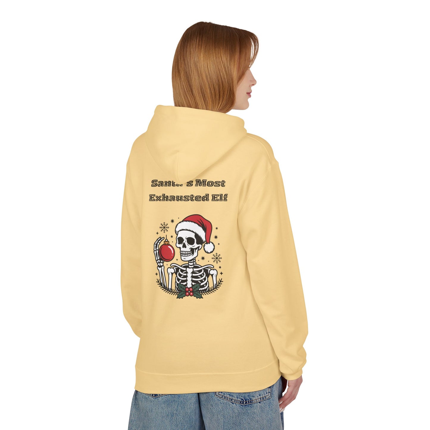Weihnachtsmann-Hoodie mit erschöpftem Elfenmotiv – Lustiges Skelett-Weihnachts-Sweatshirt