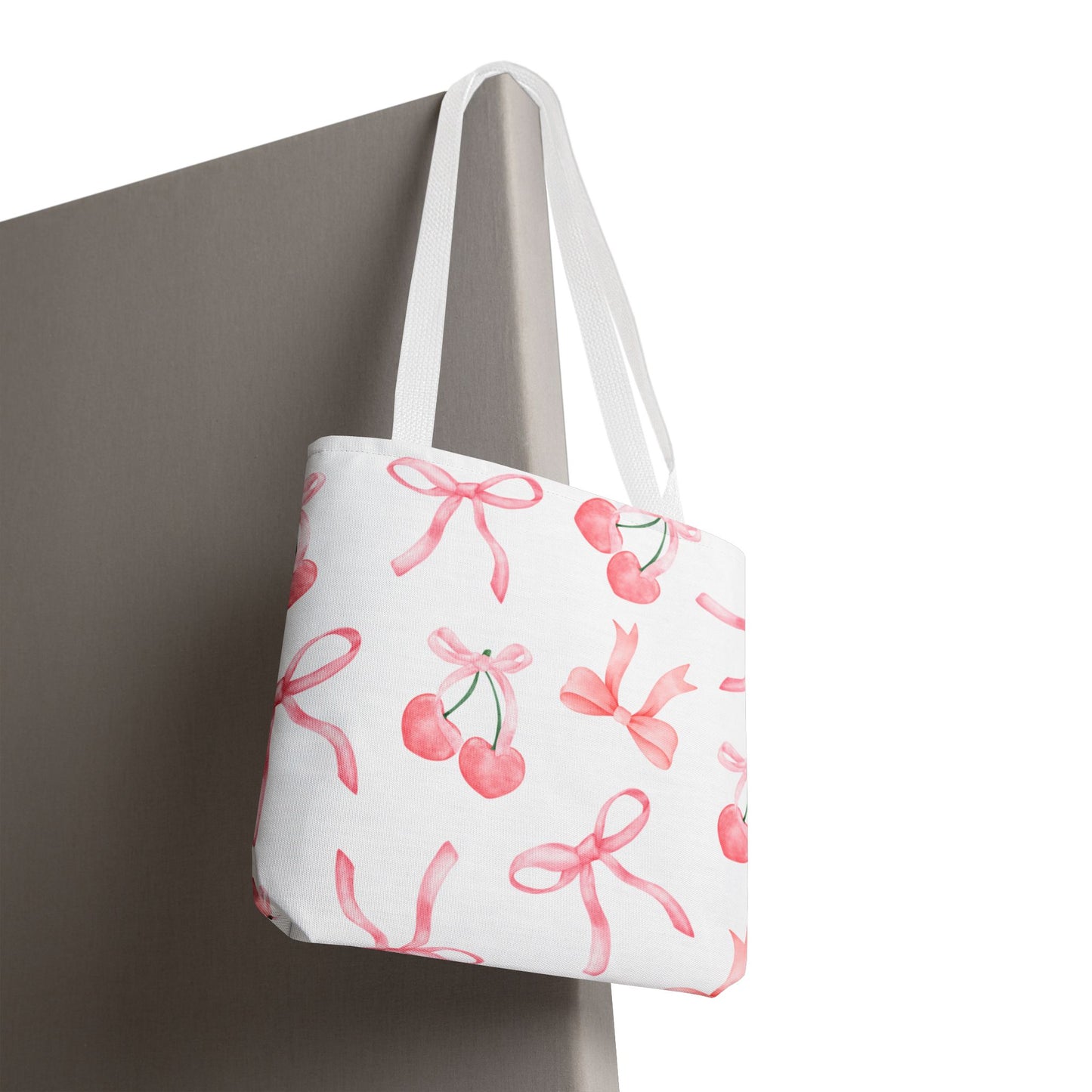 Pink Cherry Bow Tote Bag — Cute Watercolor Cherry Pattern