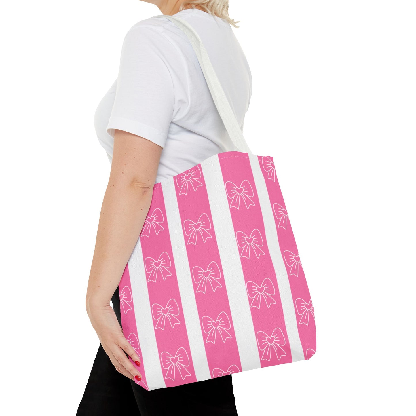Pink Striped Bow Tote Bag — Cute Floral Bow Pattern All-Over Print Tote