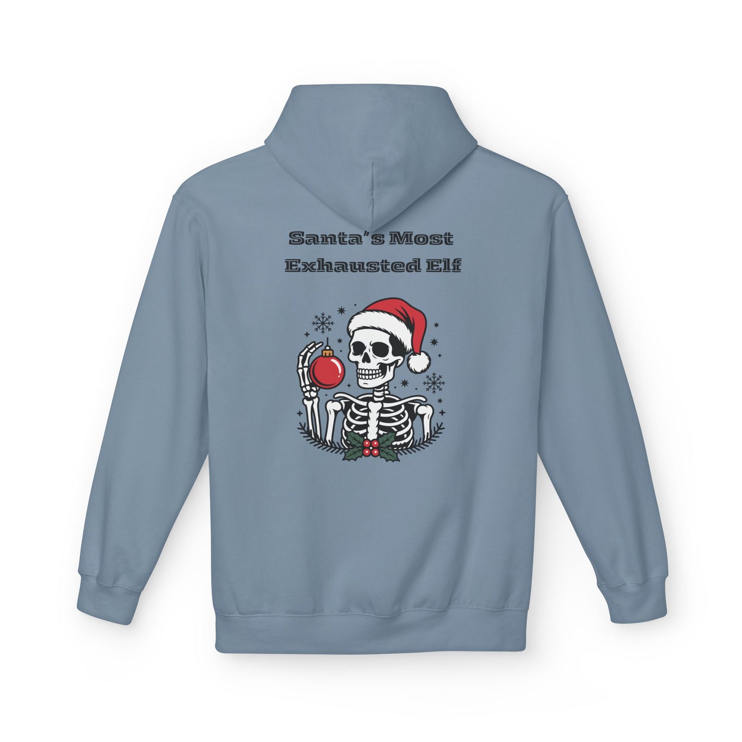 Weihnachtsmann-Hoodie mit erschöpftem Elfenmotiv – Lustiges Skelett-Weihnachts-Sweatshirt