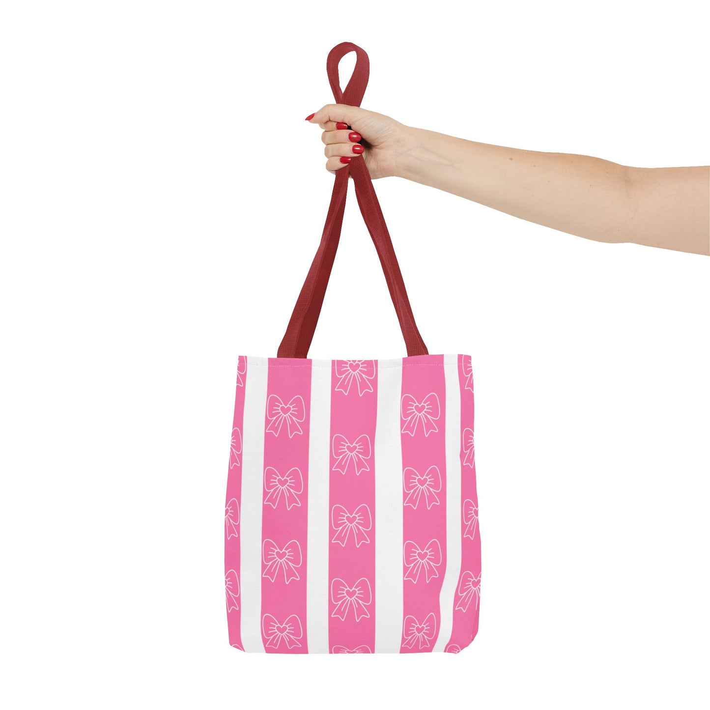 Pink Striped Bow Tote Bag — Cute Floral Bow Pattern All-Over Print Tote