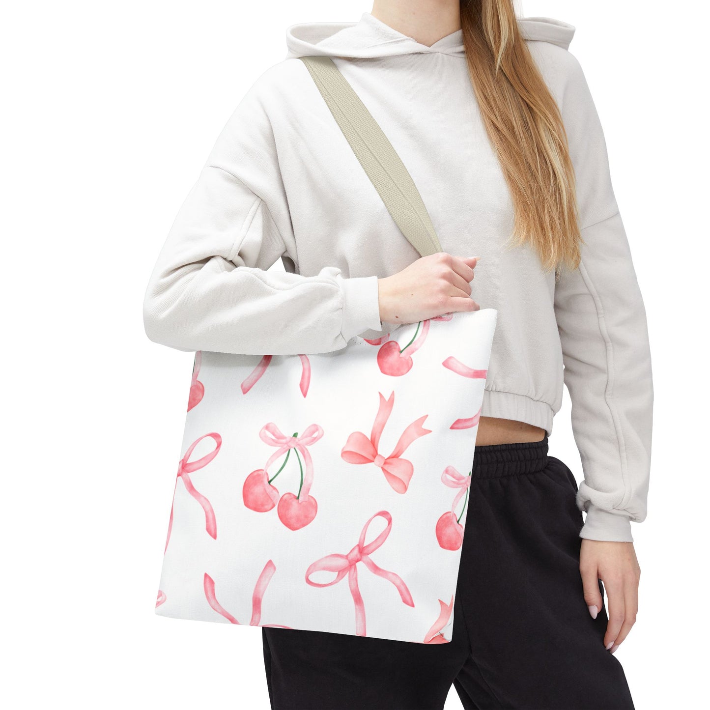 Pink Cherry Bow Tote Bag — Cute Watercolor Cherry Pattern