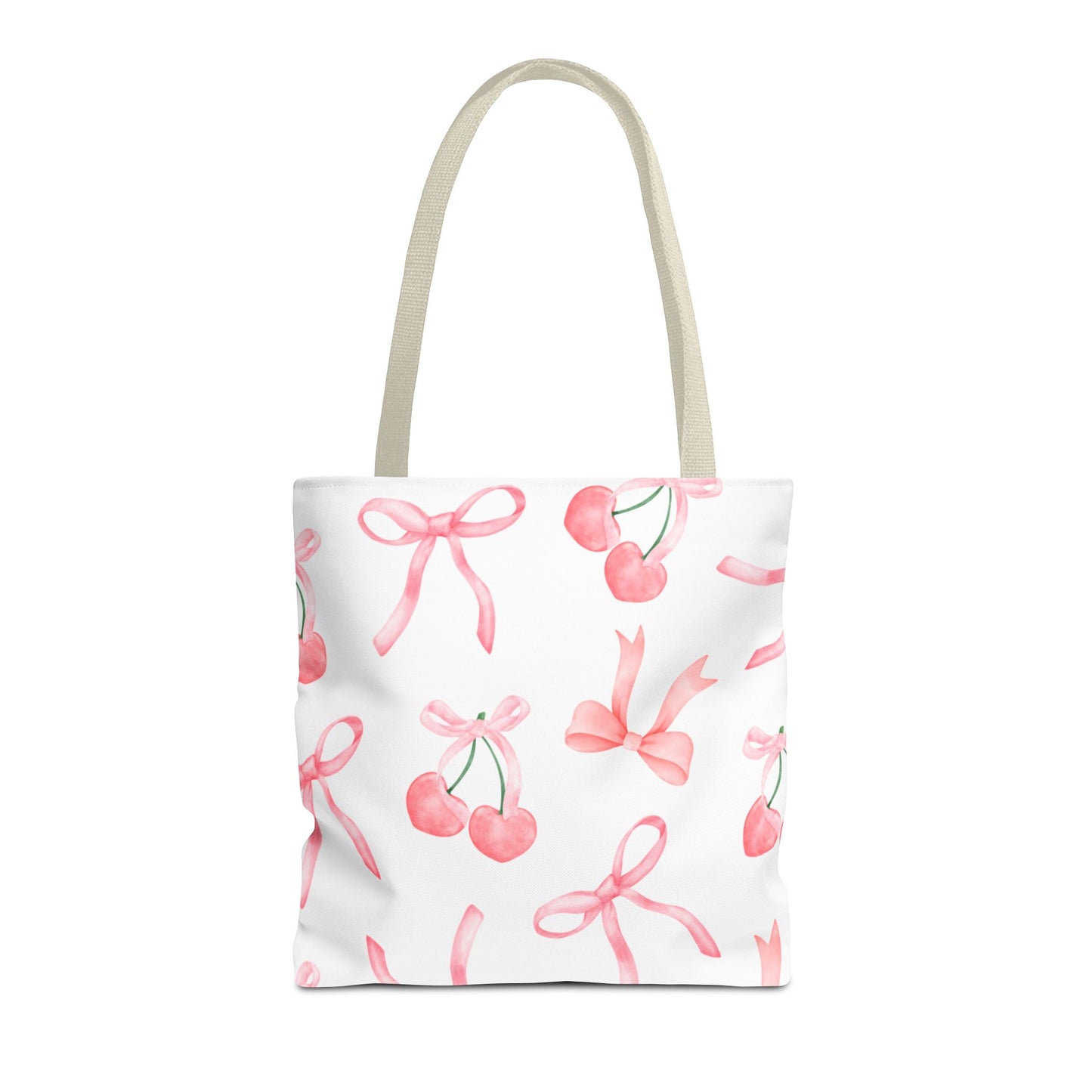 Pink Cherry Bow Tote Bag — Cute Watercolor Cherry Pattern