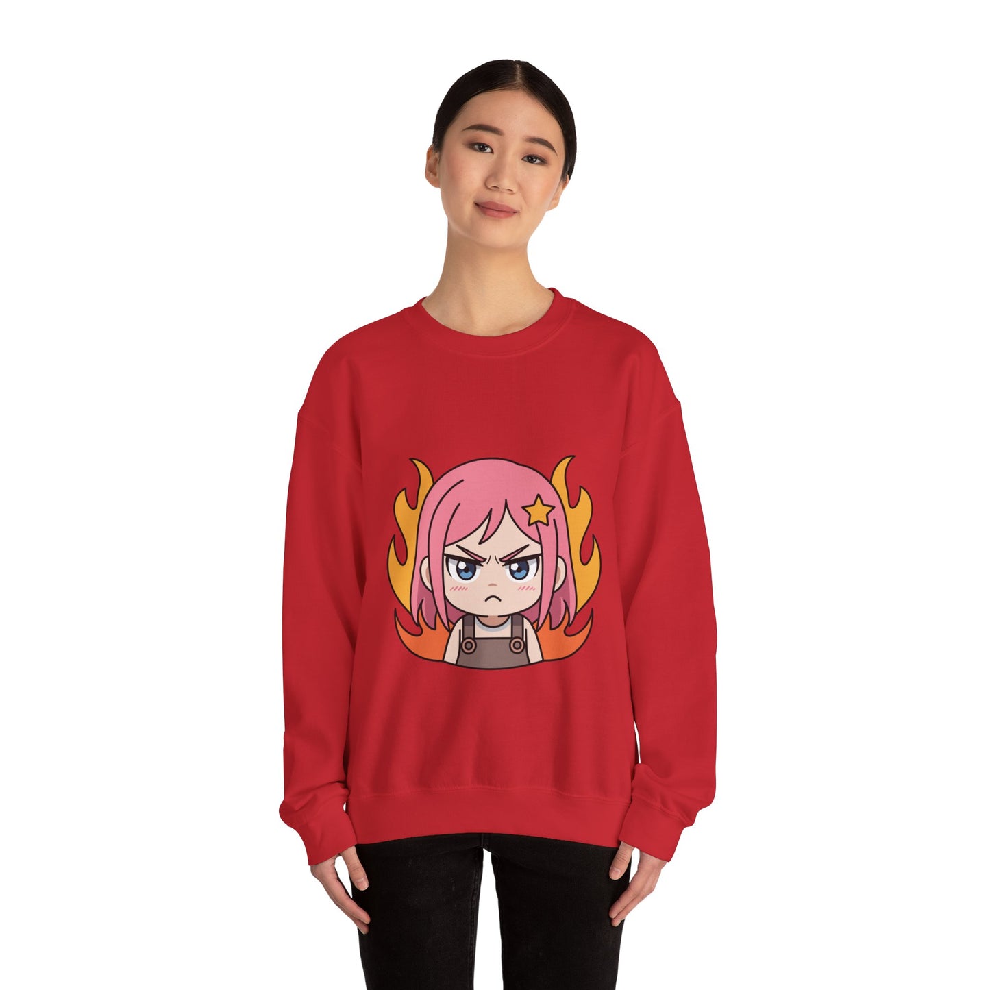 Sudadera de chica chibi enojada: adorable sudadera de cuello redondo con dibujos animados de anime y cabello flameante.