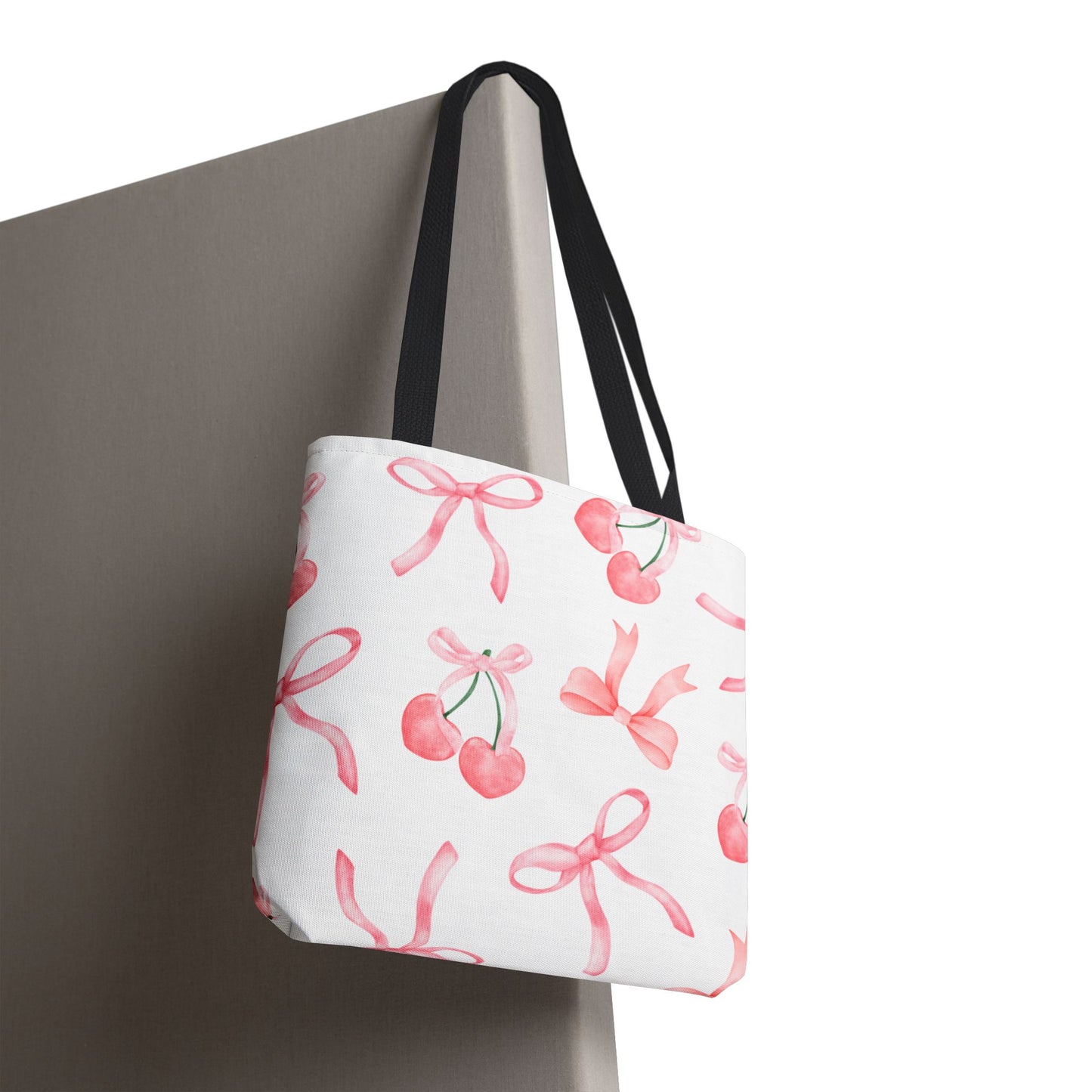 Pink Cherry Bow Tote Bag — Cute Watercolor Cherry Pattern