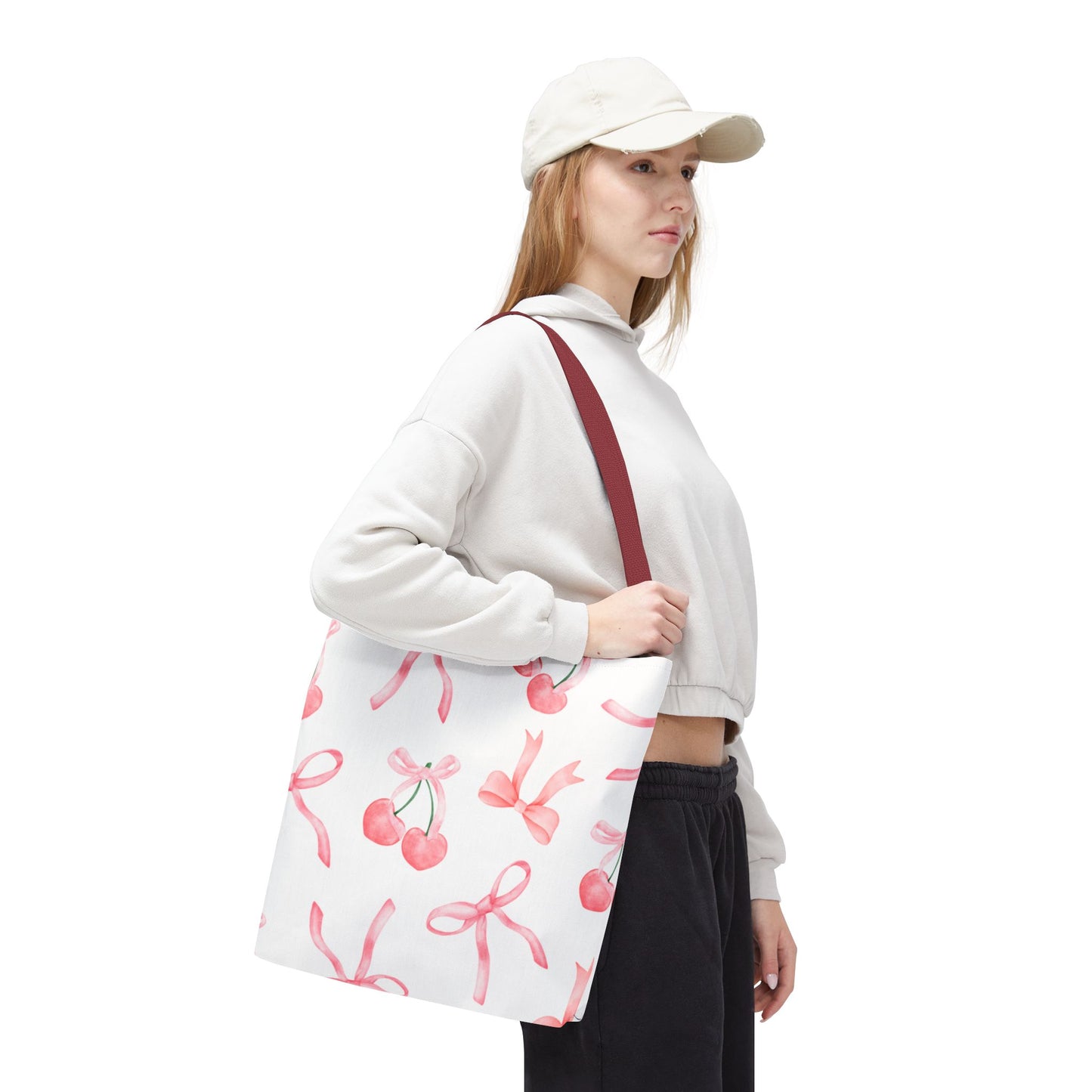 Pink Cherry Bow Tote Bag — Cute Watercolor Cherry Pattern