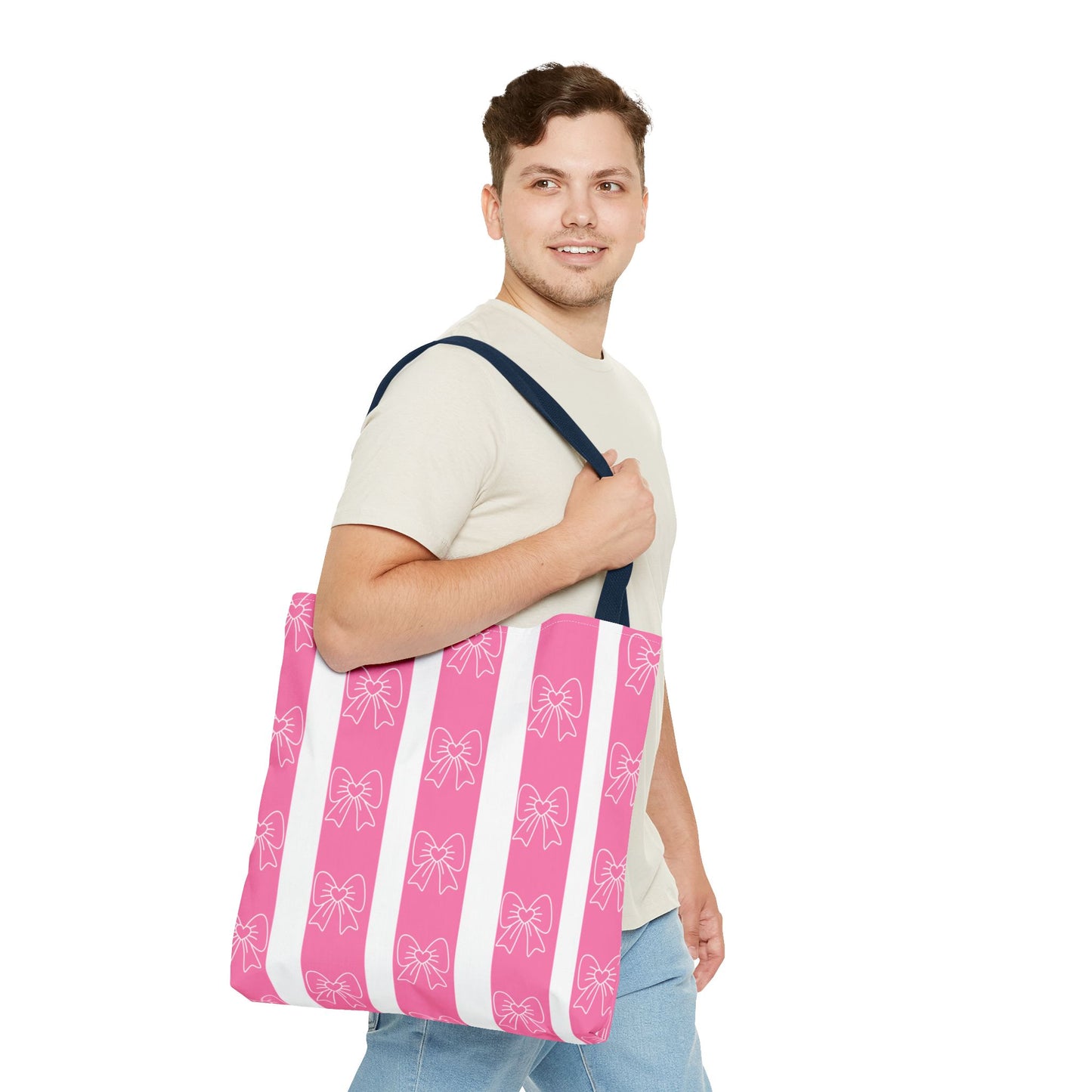 Pink Striped Bow Tote Bag — Cute Floral Bow Pattern All-Over Print Tote