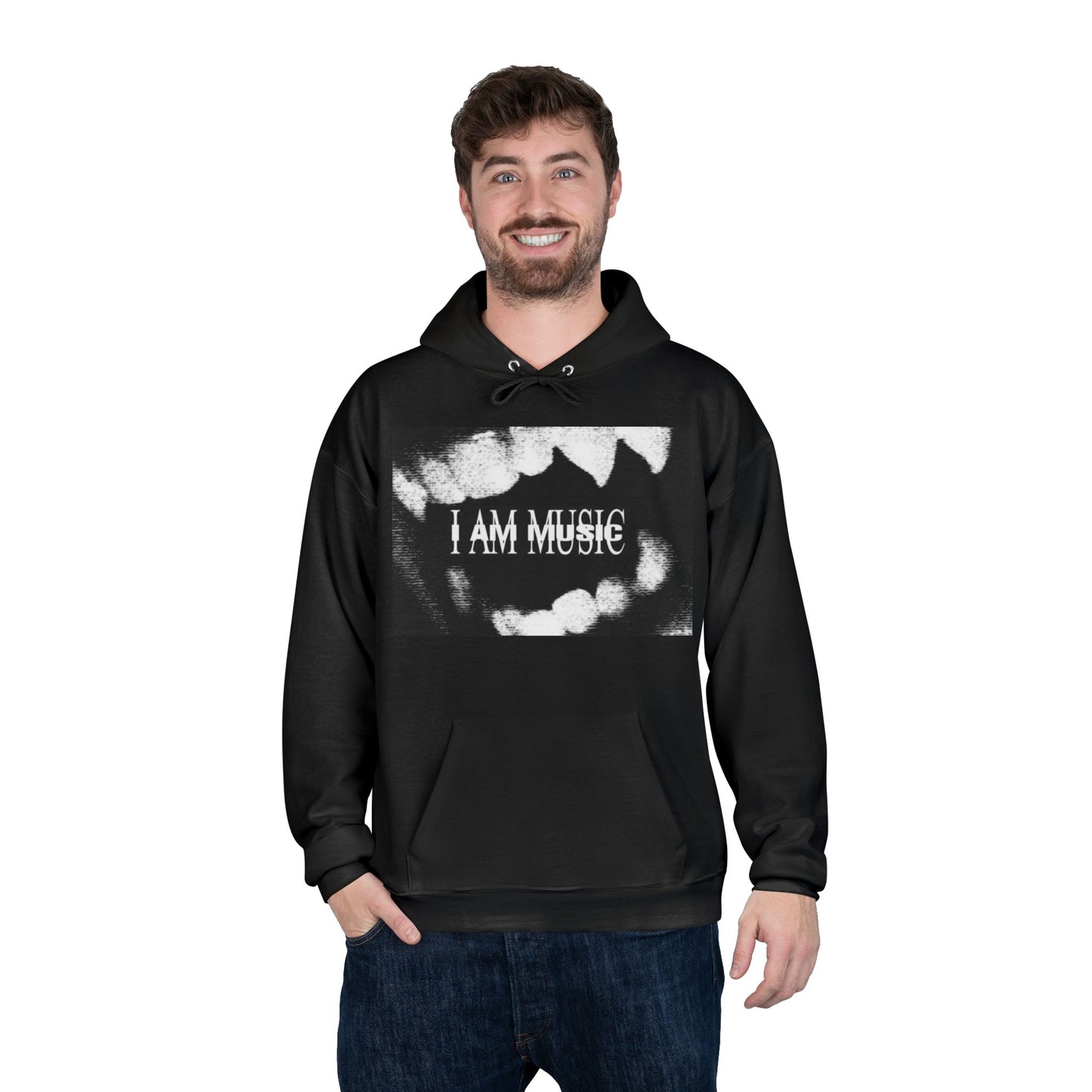 Music Teeth Graphic Hoodie — “I AM MUSIC” Black & White Pullover