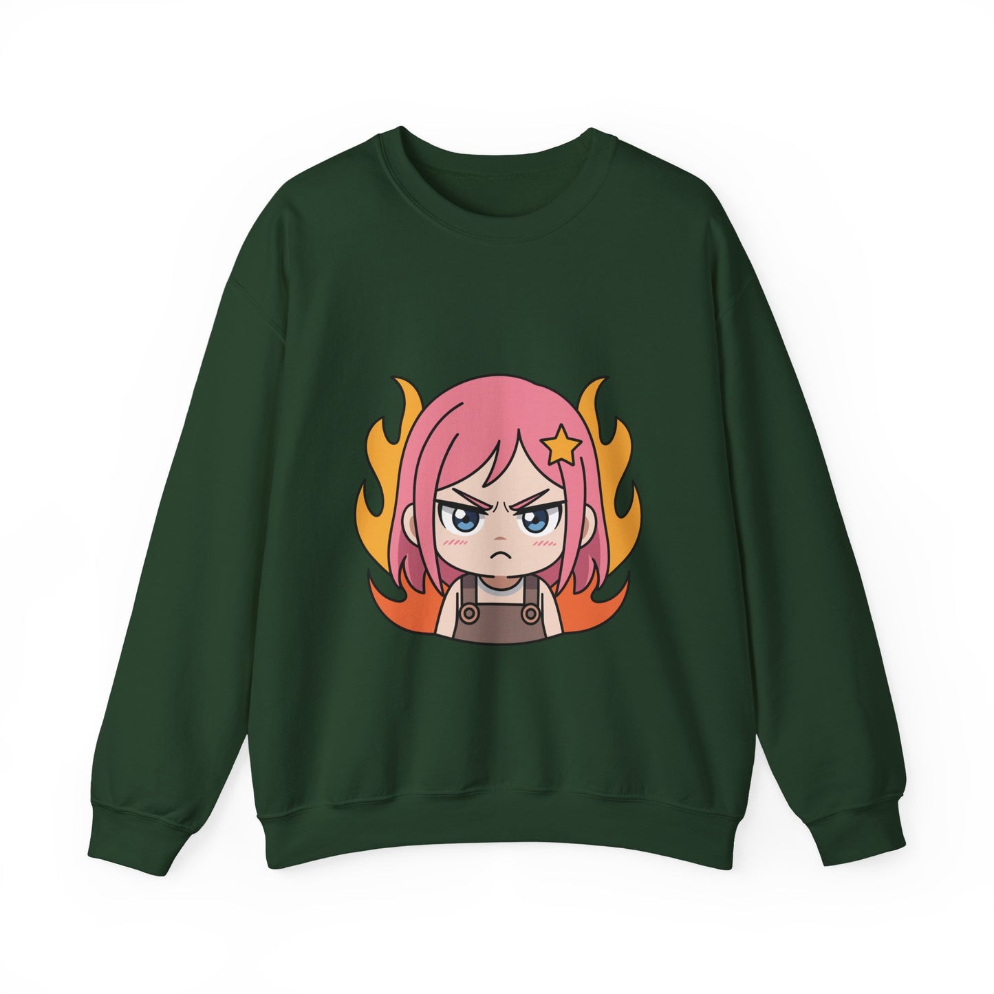 Sudadera de chica chibi enojada: adorable sudadera de cuello redondo con dibujos animados de anime y cabello flameante.