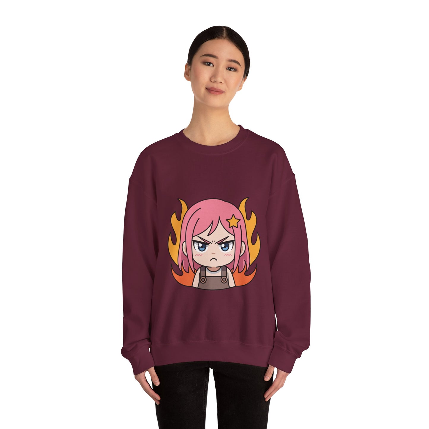 Sudadera de chica chibi enojada: adorable sudadera de cuello redondo con dibujos animados de anime y cabello flameante.