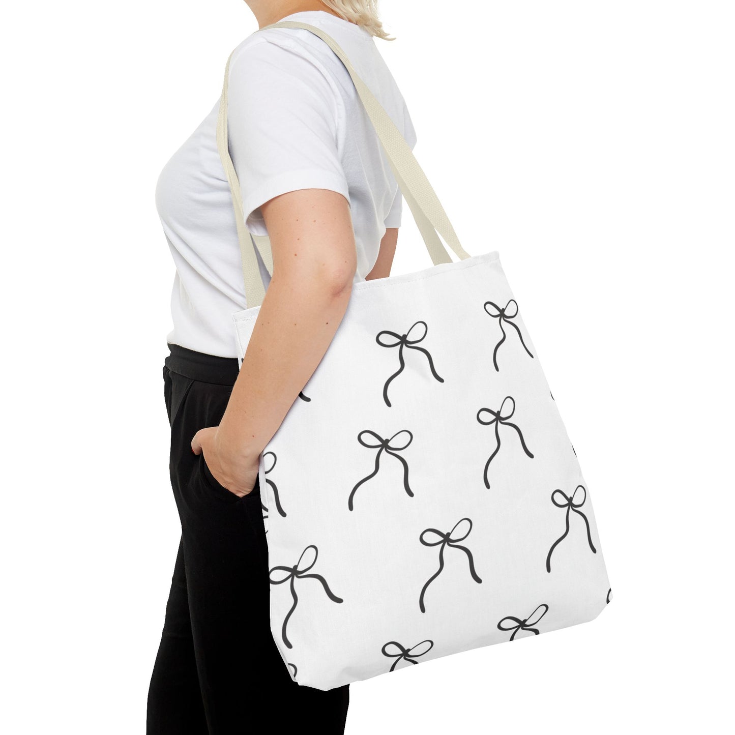 Minimalist Black Bow Pattern Tote Bag — All-Over Print