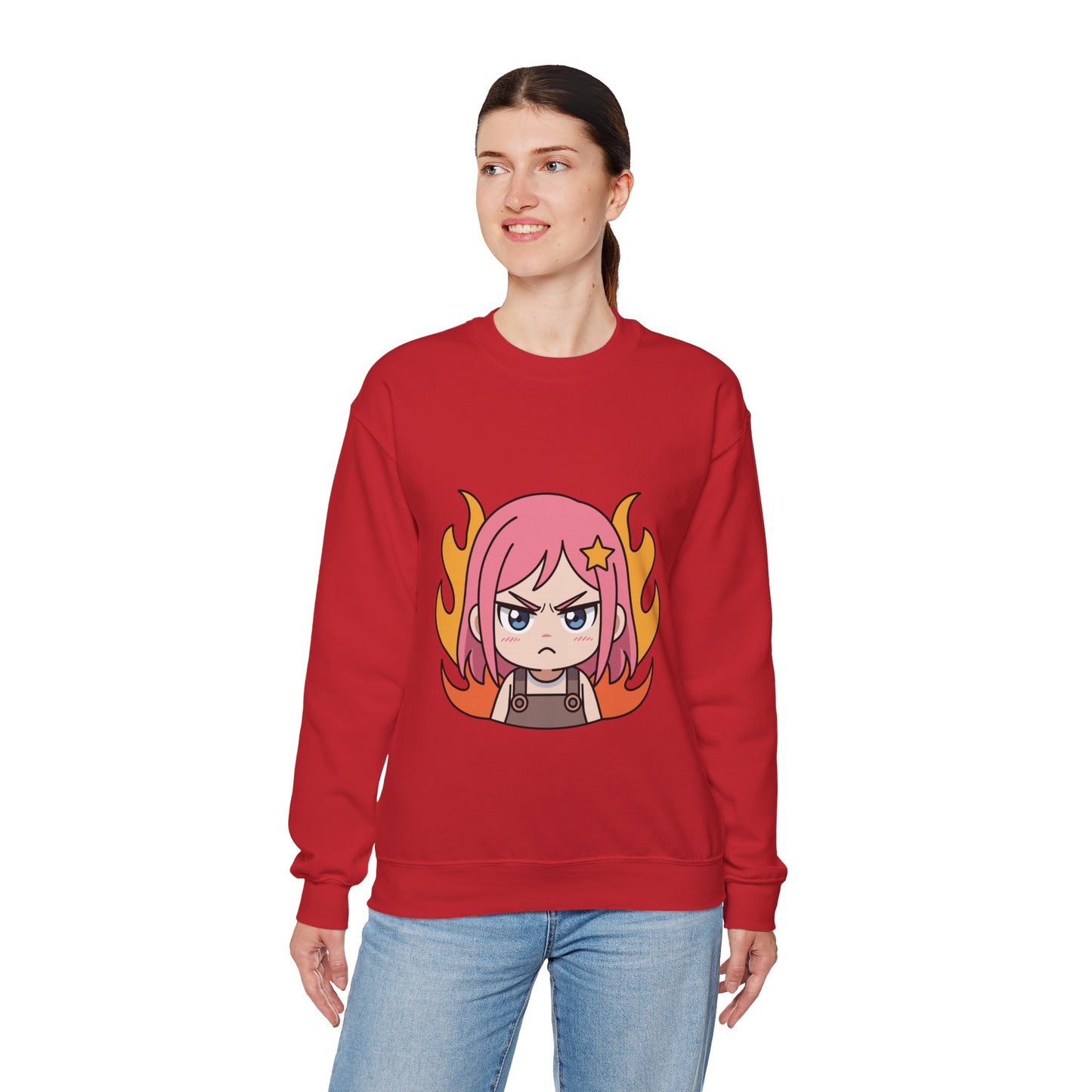 Sudadera de chica chibi enojada: adorable sudadera de cuello redondo con dibujos animados de anime y cabello flameante.