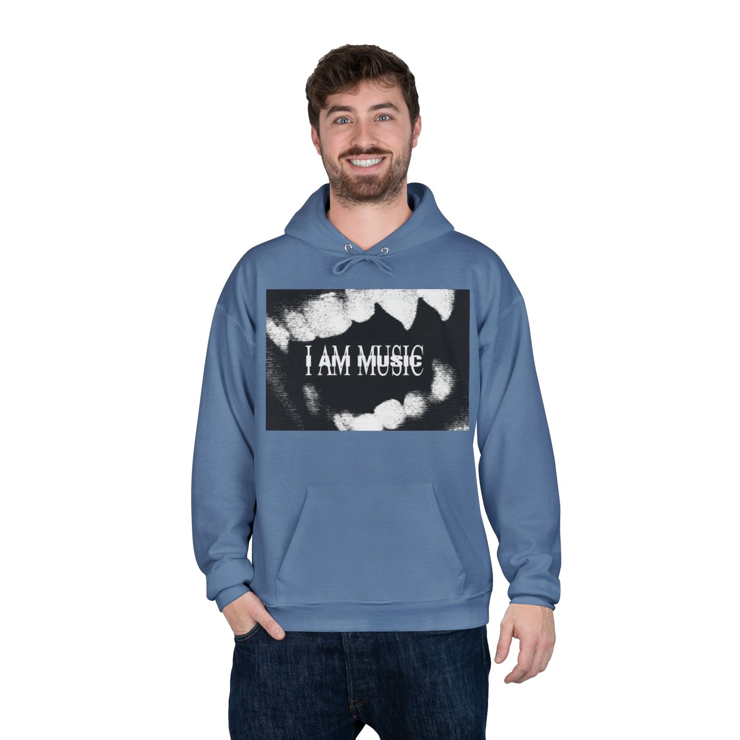 Music Teeth Graphic Hoodie — “I AM MUSIC” Black & White Pullover