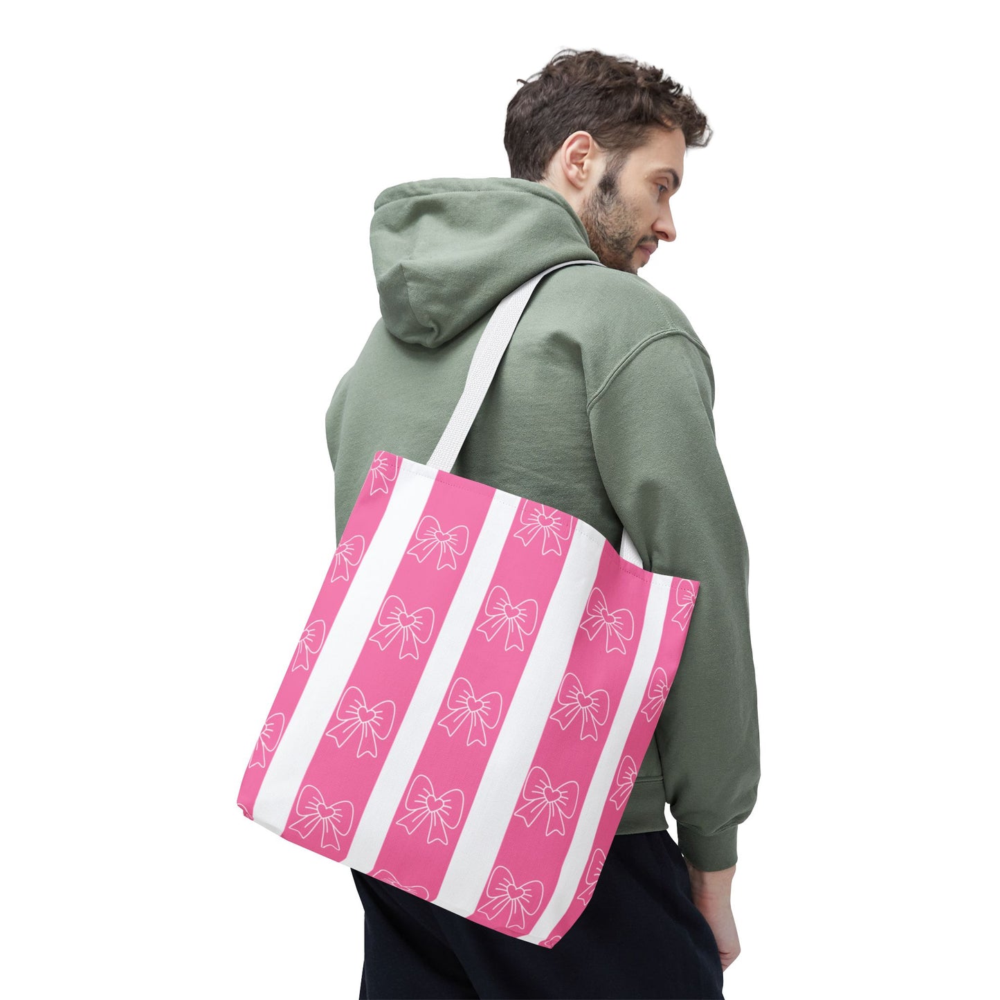 Pink Striped Bow Tote Bag — Cute Floral Bow Pattern All-Over Print Tote