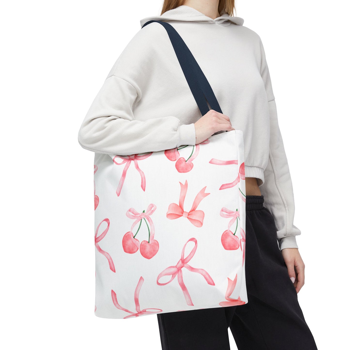 Pink Cherry Bow Tote Bag — Cute Watercolor Cherry Pattern