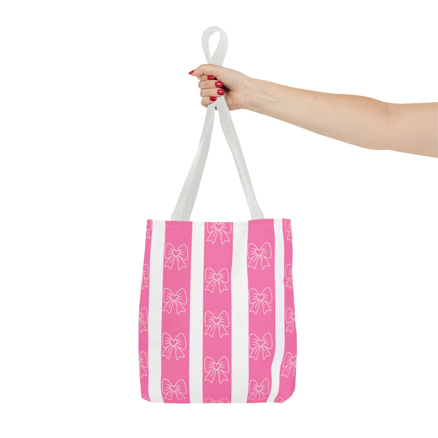 Pink Striped Bow Tote Bag — Cute Floral Bow Pattern All-Over Print Tote