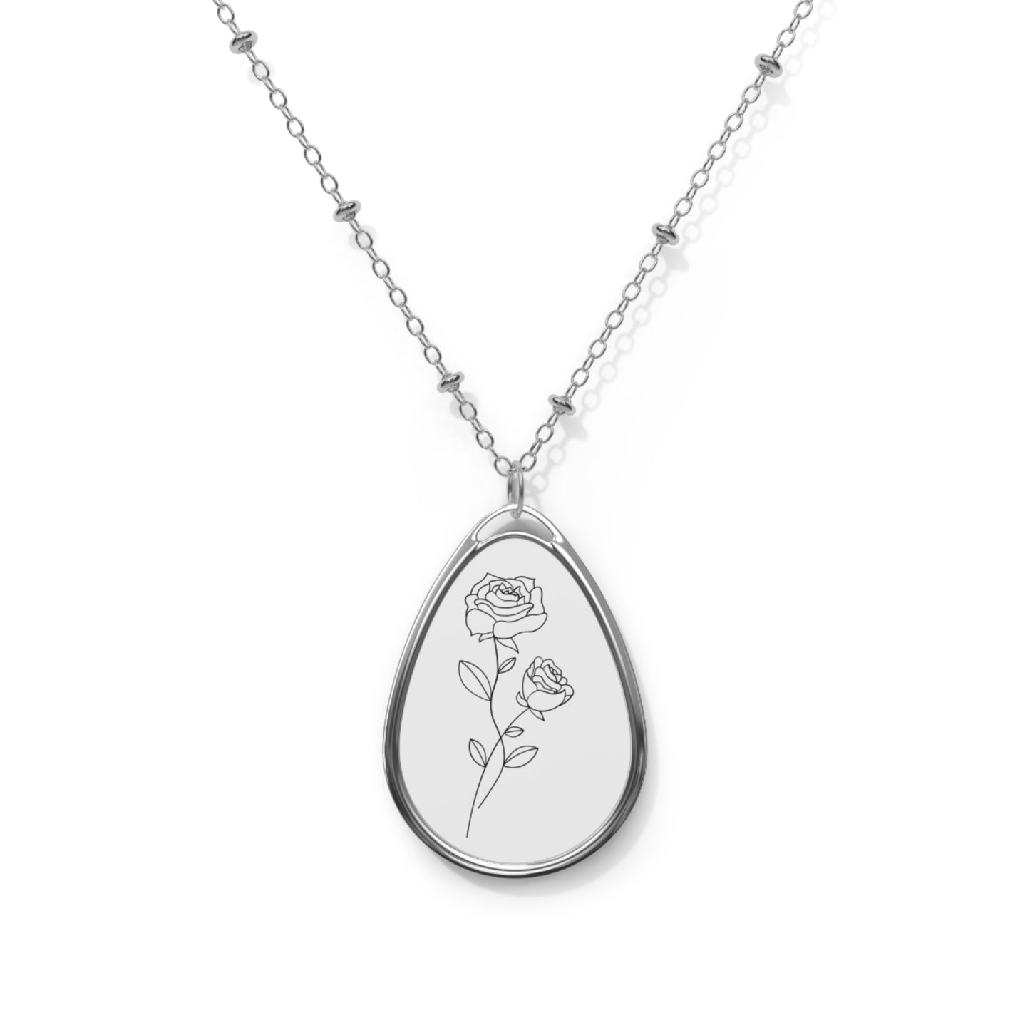 Rose Engraved Oval Necklace — Sterling Teardrop Pendant