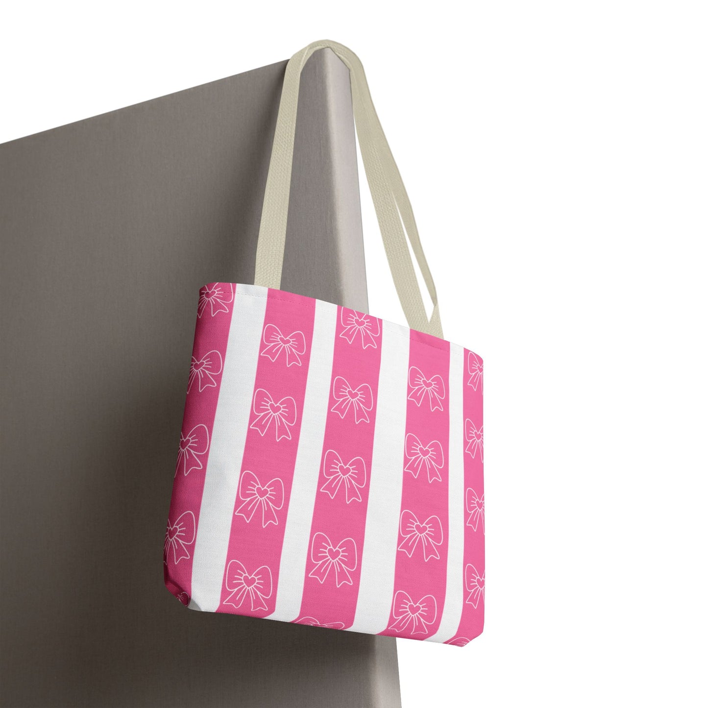 Pink Striped Bow Tote Bag — Cute Floral Bow Pattern All-Over Print Tote