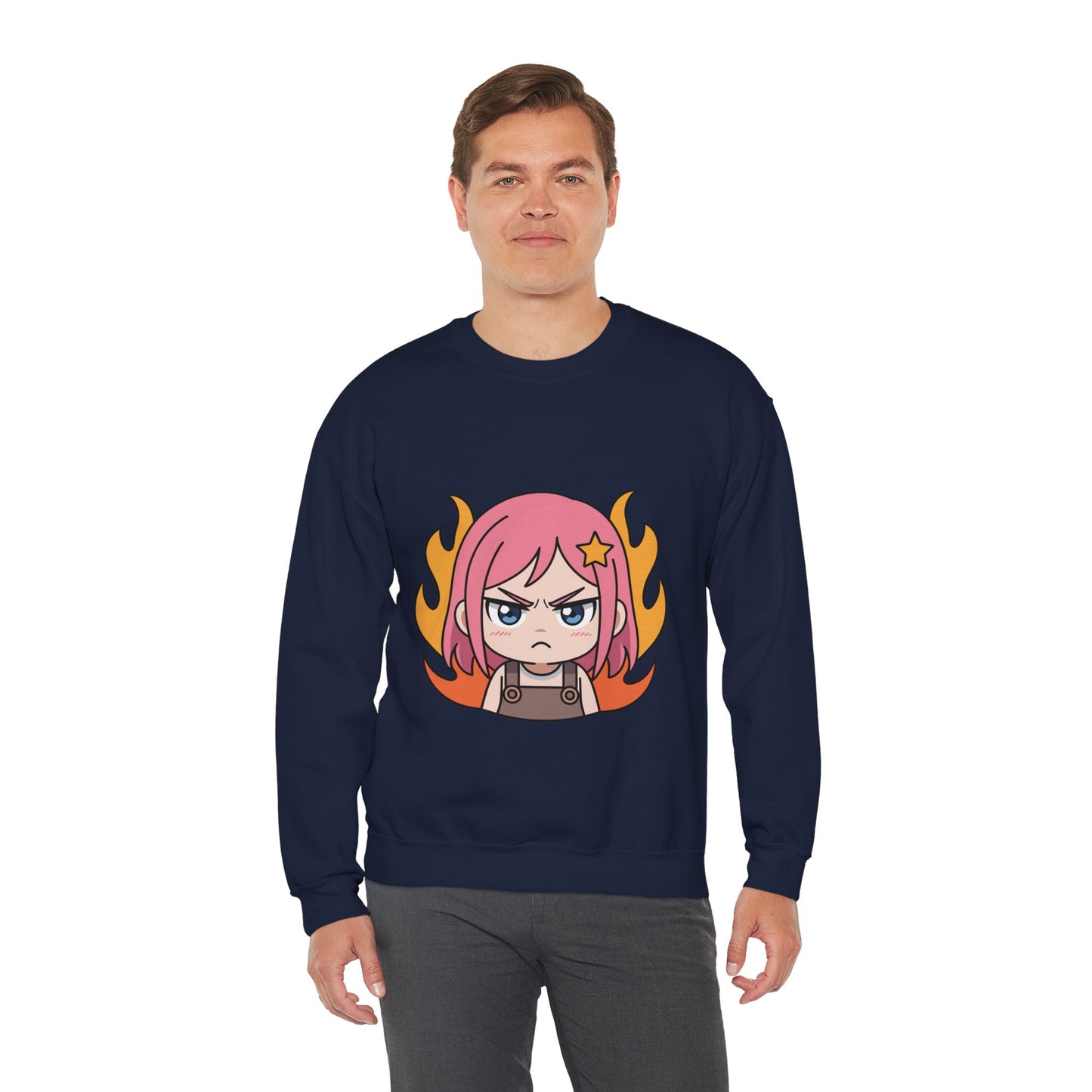 Sudadera de chica chibi enojada: adorable sudadera de cuello redondo con dibujos animados de anime y cabello flameante.