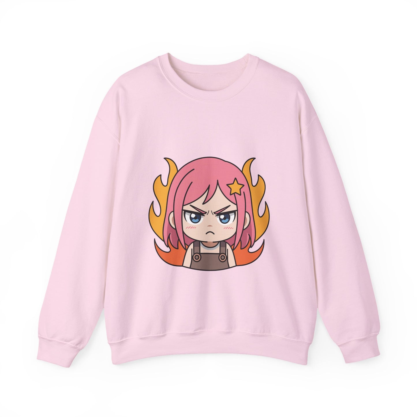 Sudadera de chica chibi enojada: adorable sudadera de cuello redondo con dibujos animados de anime y cabello flameante.