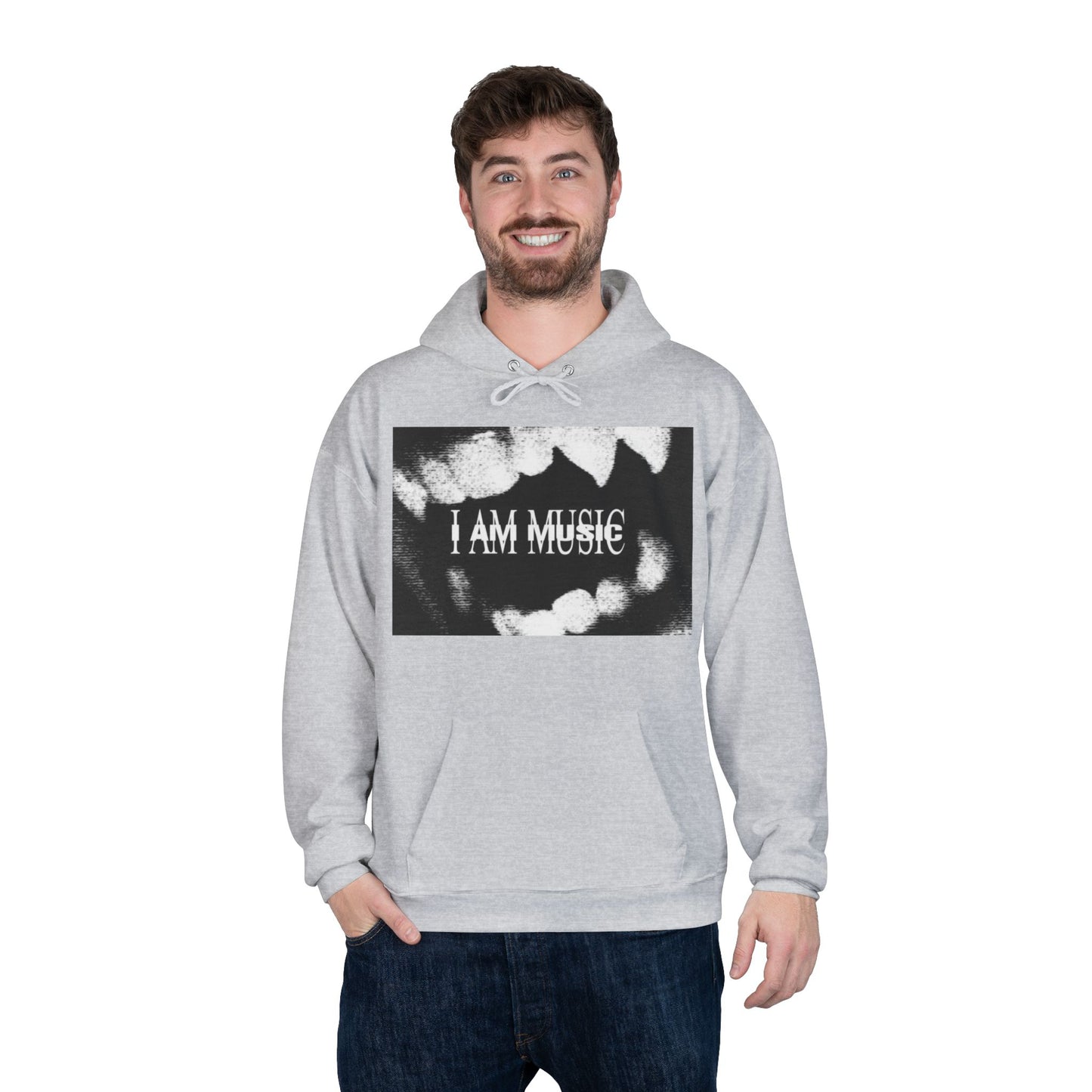 Music Teeth Graphic Hoodie — “I AM MUSIC” Black & White Pullover