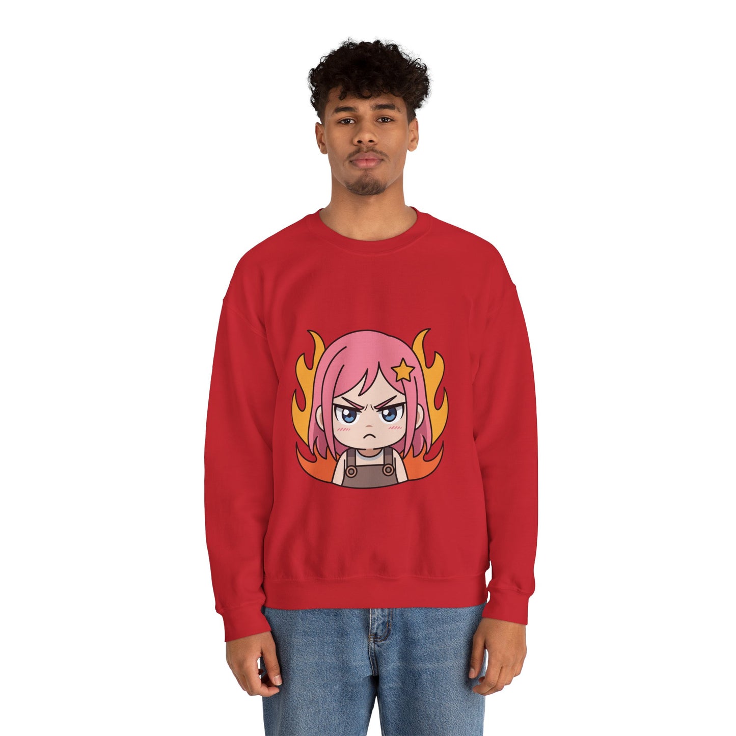 Sudadera de chica chibi enojada: adorable sudadera de cuello redondo con dibujos animados de anime y cabello flameante.