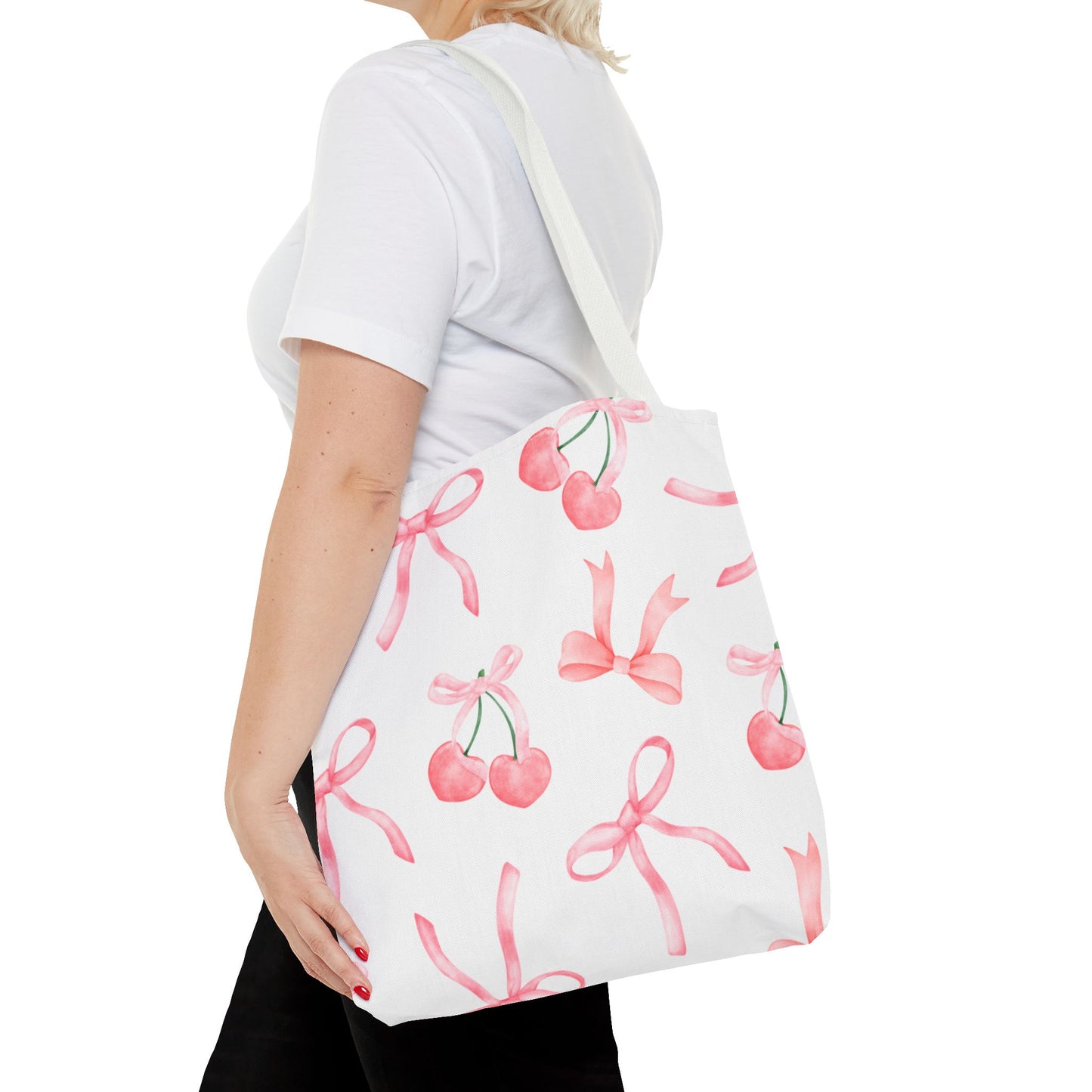Pink Cherry Bow Tote Bag — Cute Watercolor Cherry Pattern