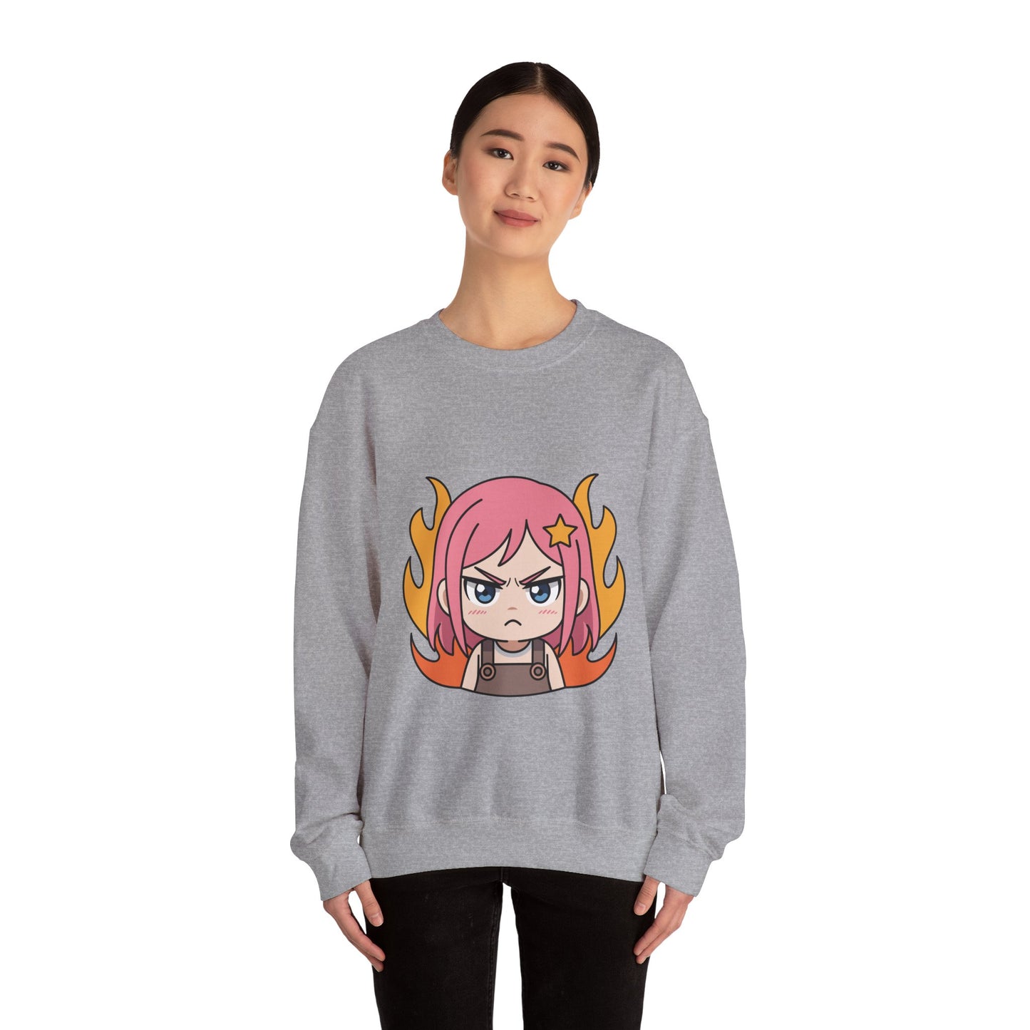 Sudadera de chica chibi enojada: adorable sudadera de cuello redondo con dibujos animados de anime y cabello flameante.