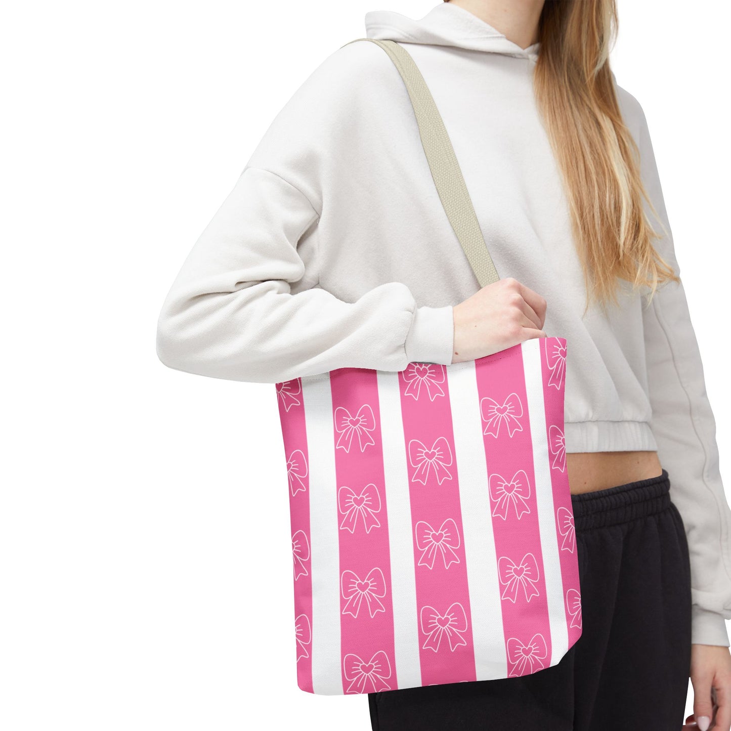 Pink Striped Bow Tote Bag — Cute Floral Bow Pattern All-Over Print Tote