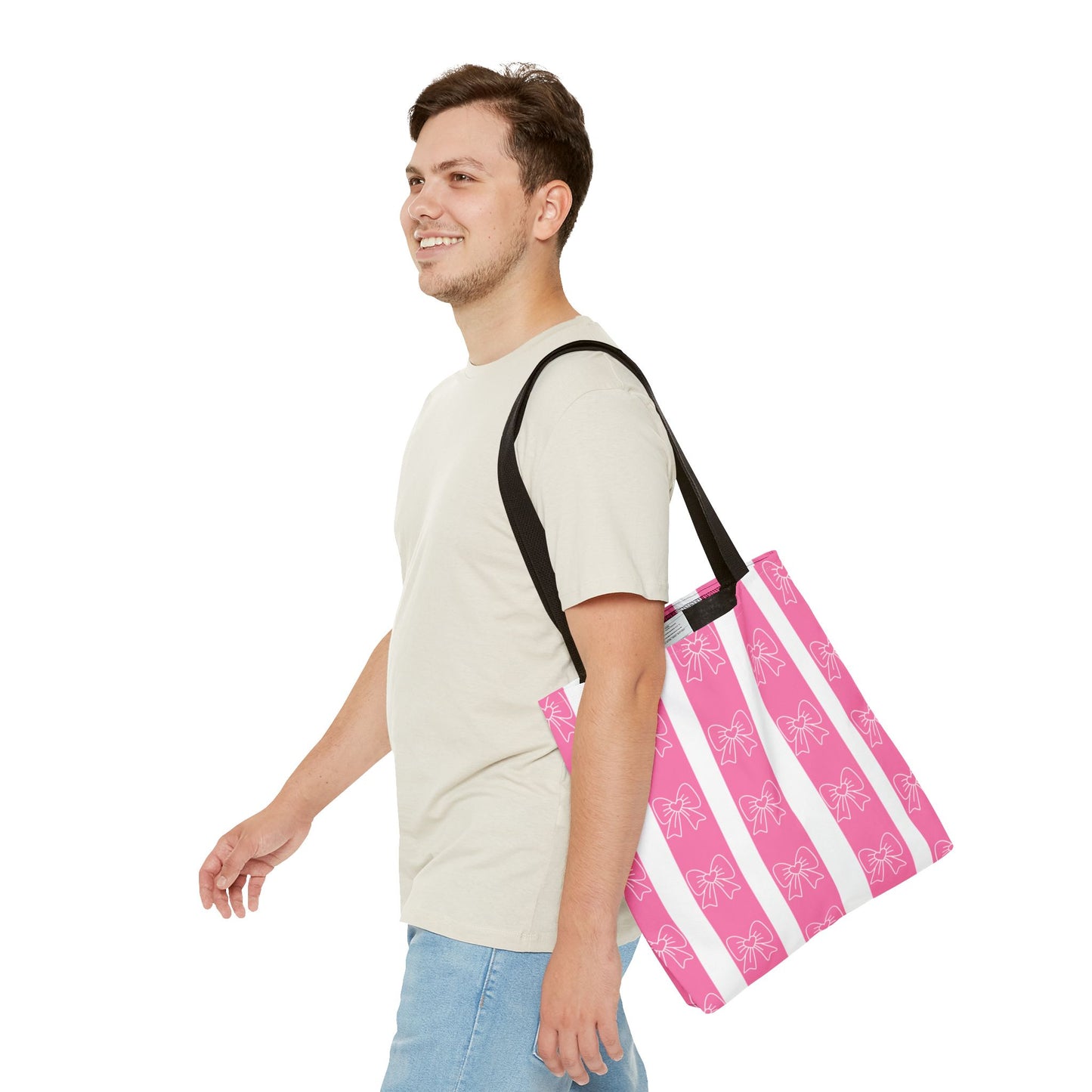 Pink Striped Bow Tote Bag — Cute Floral Bow Pattern All-Over Print Tote