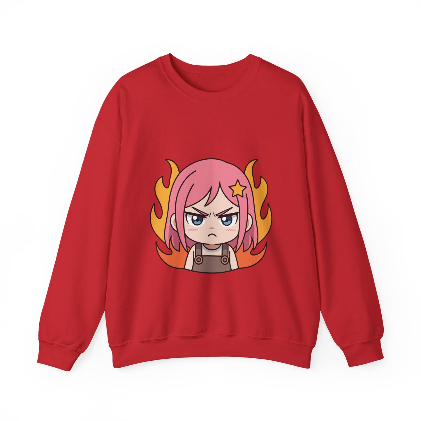 Sudadera de chica chibi enojada: adorable sudadera de cuello redondo con dibujos animados de anime y cabello flameante.