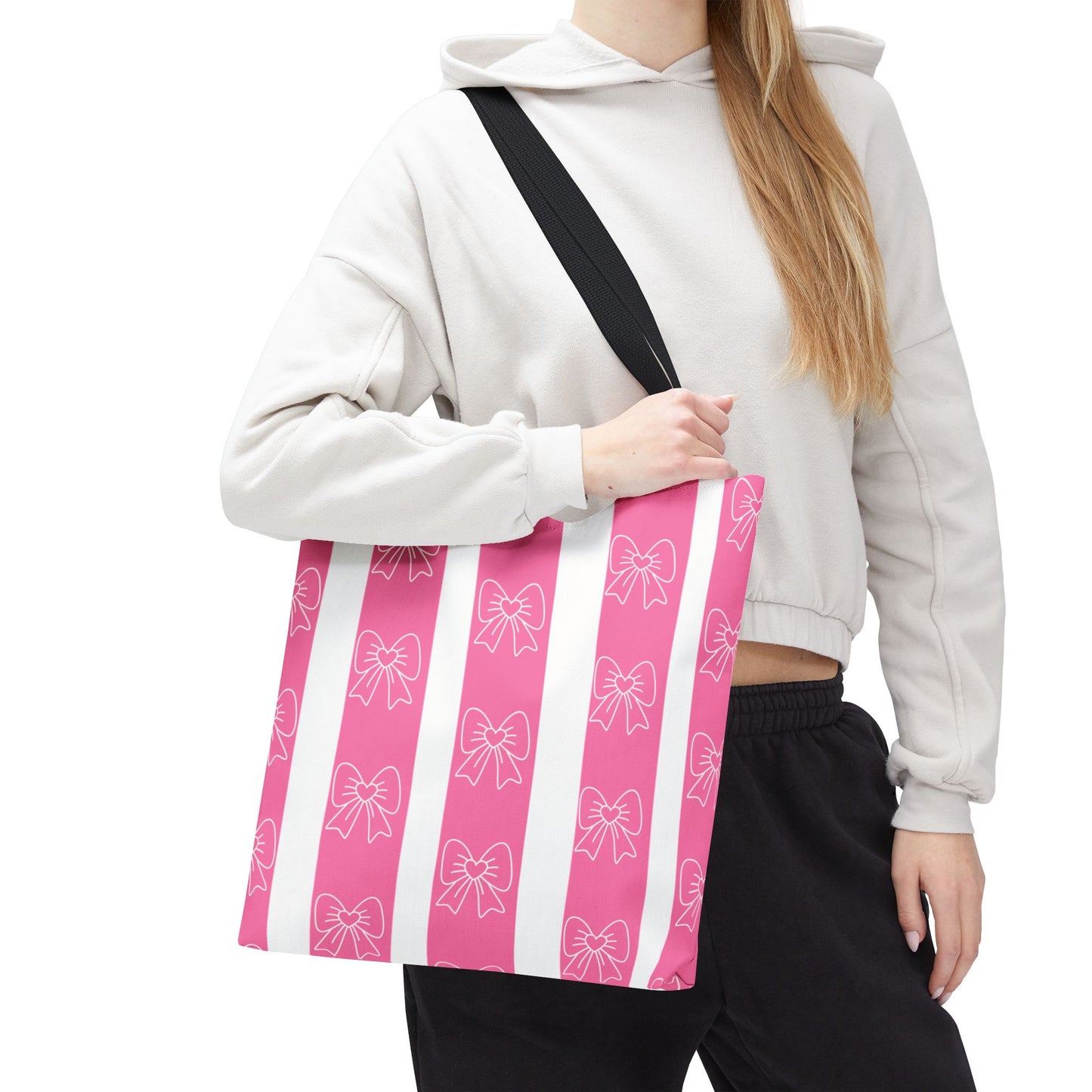 Pink Striped Bow Tote Bag — Cute Floral Bow Pattern All-Over Print Tote