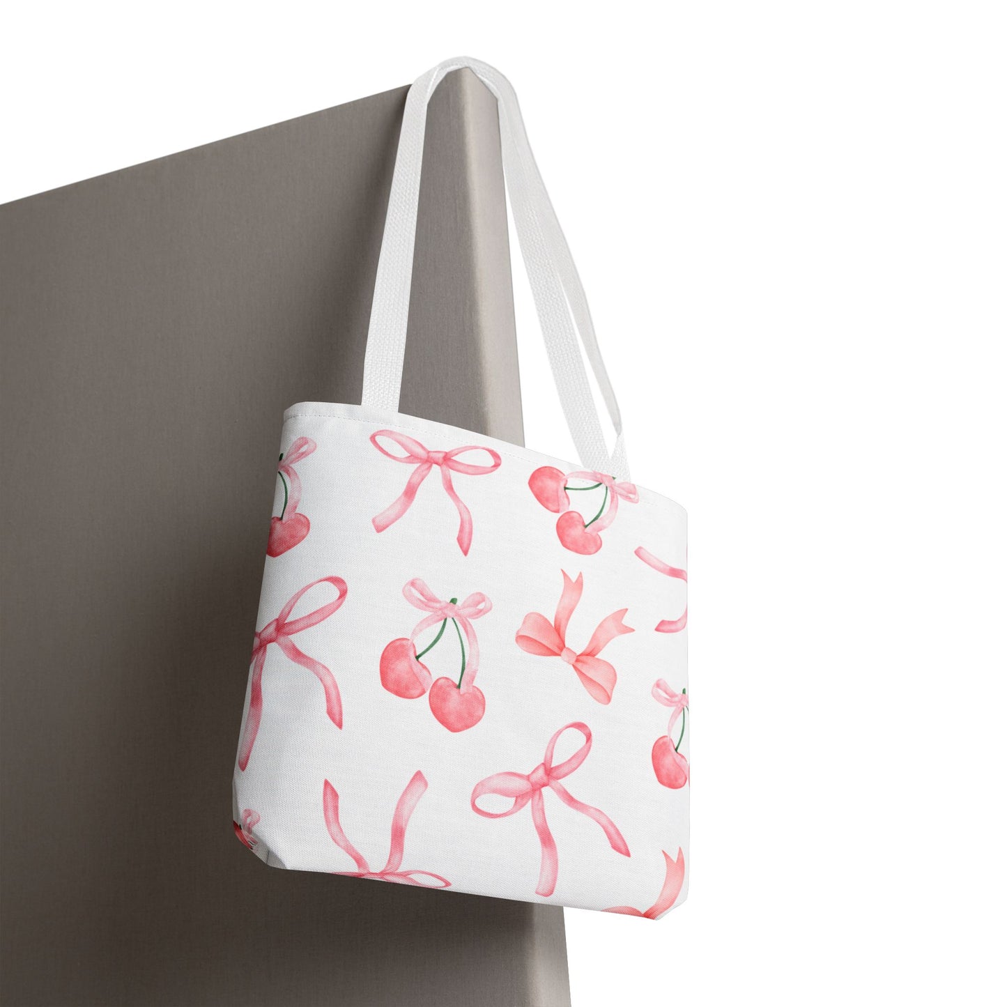 Pink Cherry Bow Tote Bag — Cute Watercolor Cherry Pattern