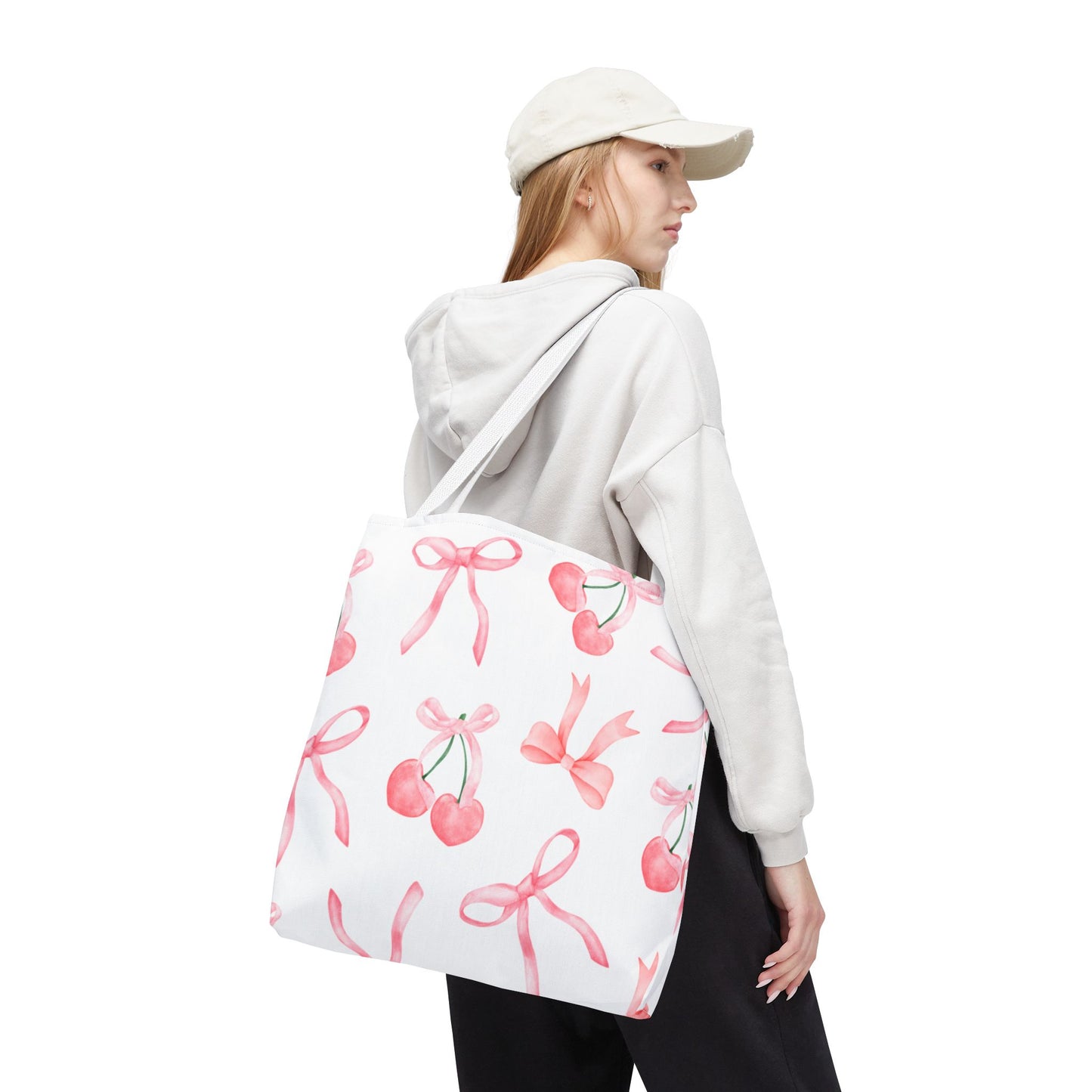 Pink Cherry Bow Tote Bag — Cute Watercolor Cherry Pattern