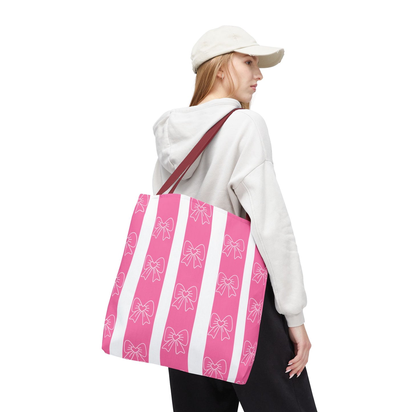 Pink Striped Bow Tote Bag — Cute Floral Bow Pattern All-Over Print Tote
