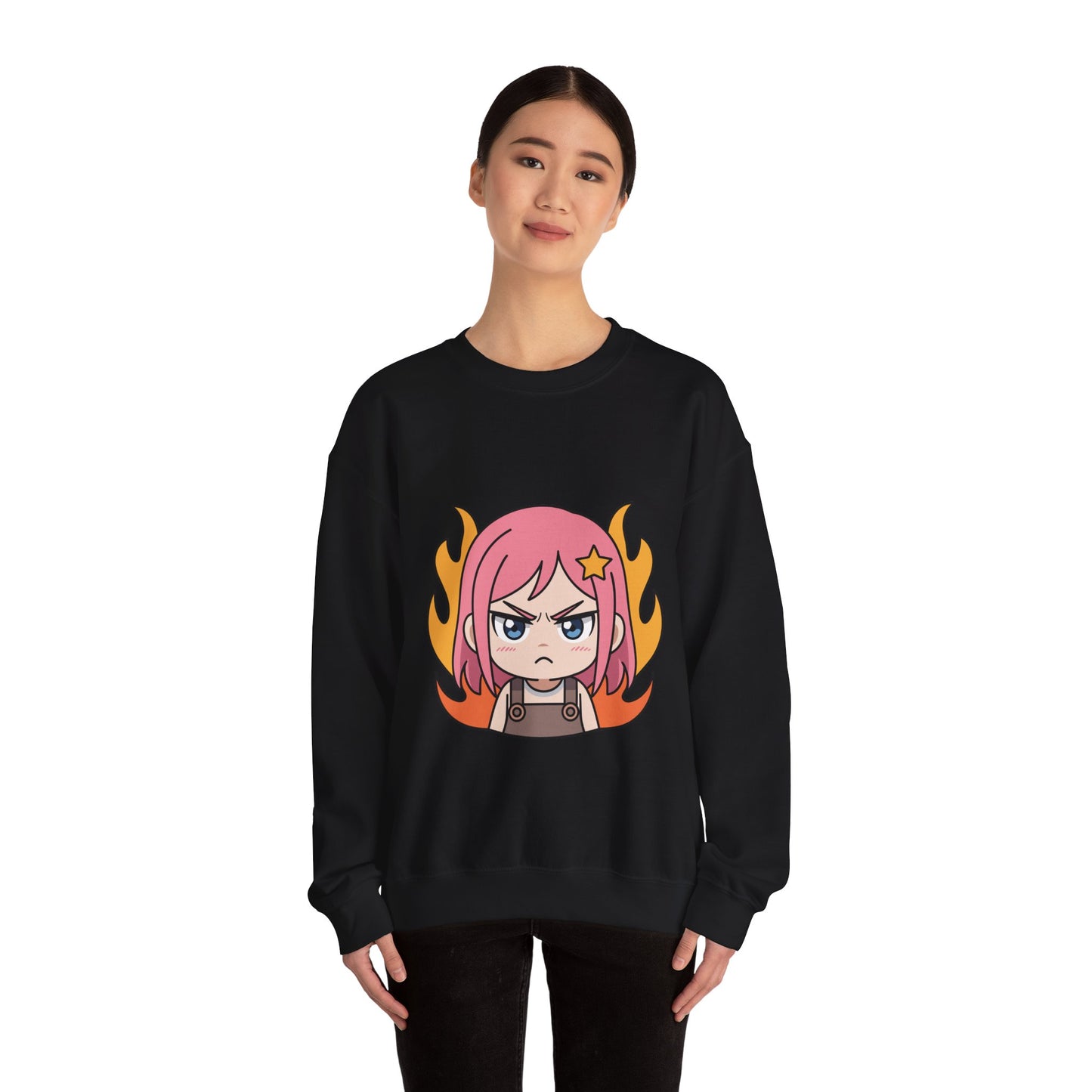 Sudadera de chica chibi enojada: adorable sudadera de cuello redondo con dibujos animados de anime y cabello flameante.