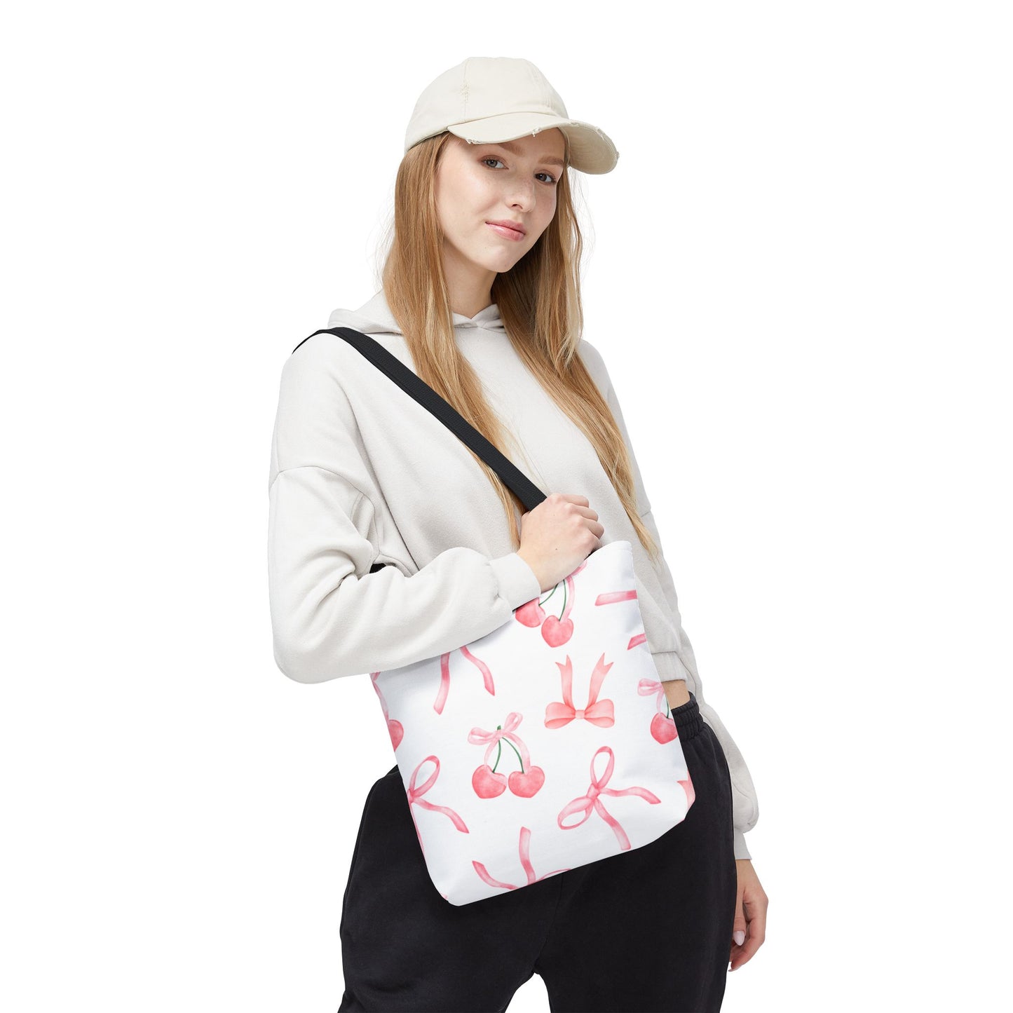 Pink Cherry Bow Tote Bag — Cute Watercolor Cherry Pattern