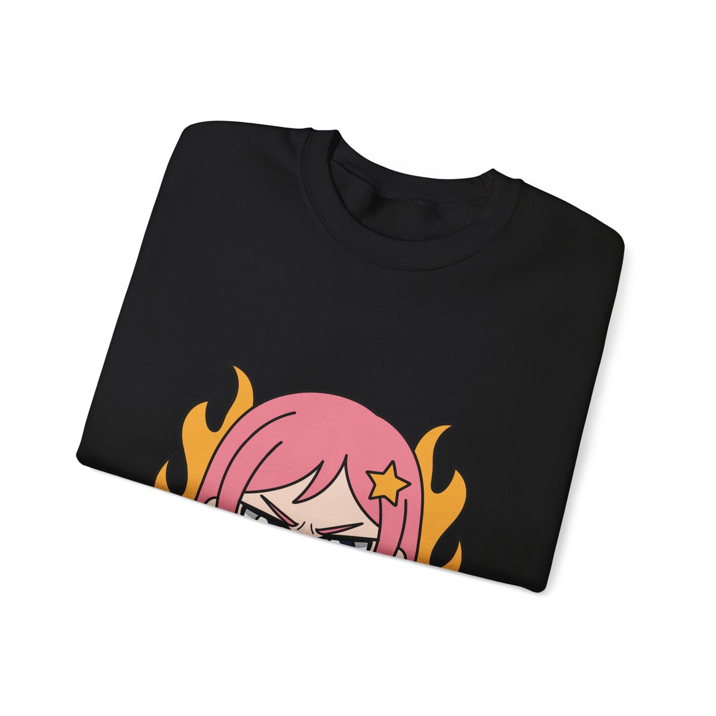 Sudadera de chica chibi enojada: adorable sudadera de cuello redondo con dibujos animados de anime y cabello flameante.
