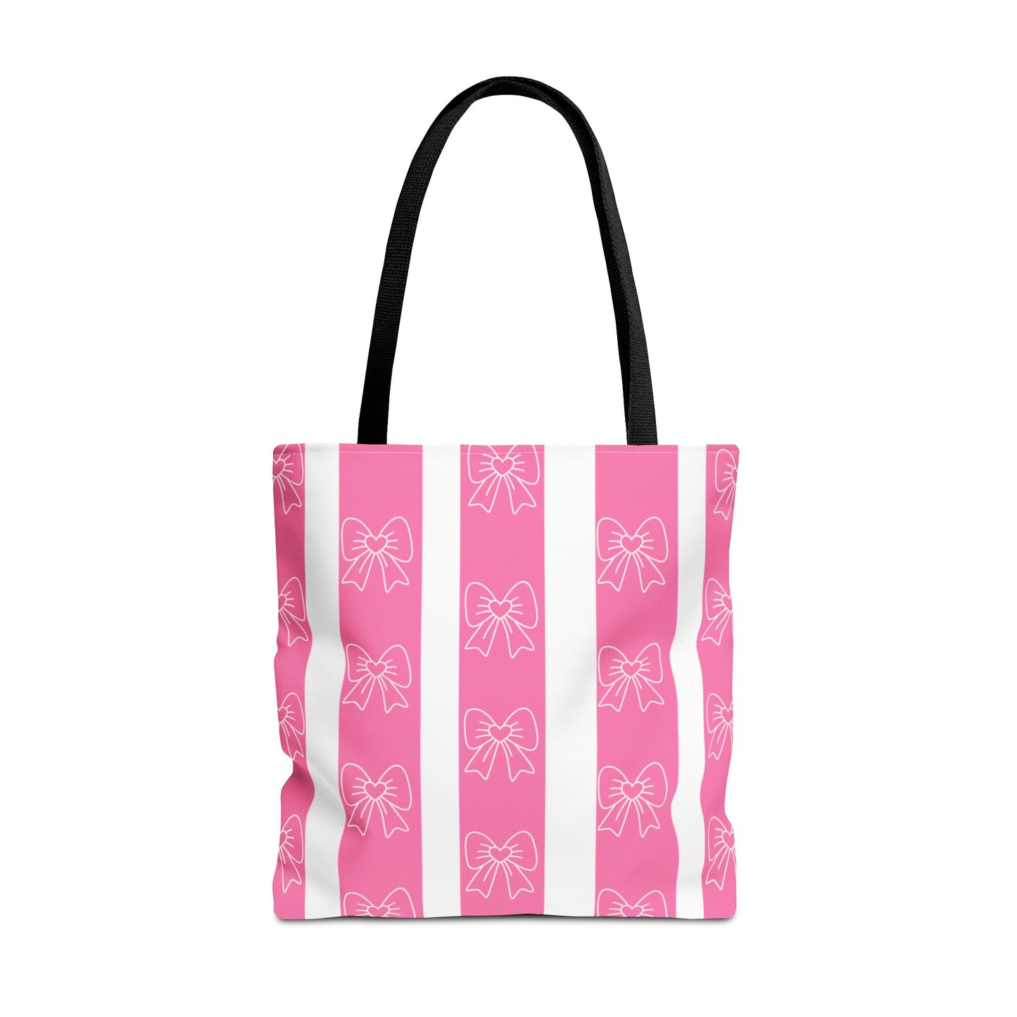 Pink Striped Bow Tote Bag — Cute Floral Bow Pattern All-Over Print Tote