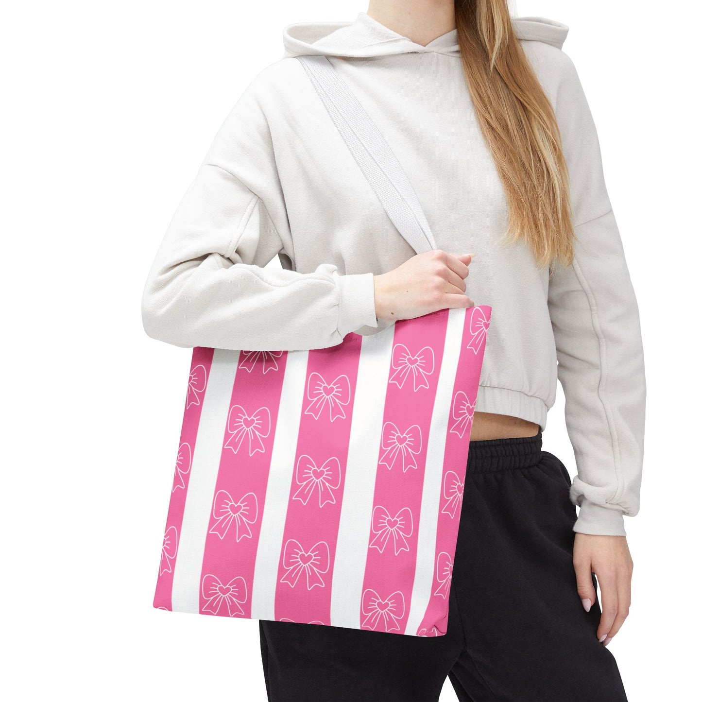 Pink Striped Bow Tote Bag — Cute Floral Bow Pattern All-Over Print Tote