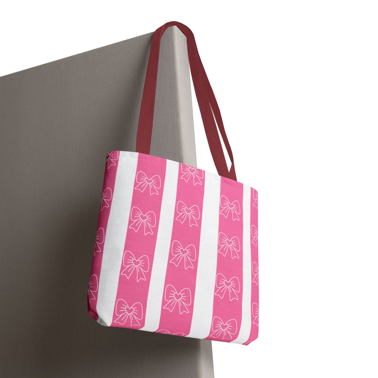 Pink Striped Bow Tote Bag — Cute Floral Bow Pattern All-Over Print Tote